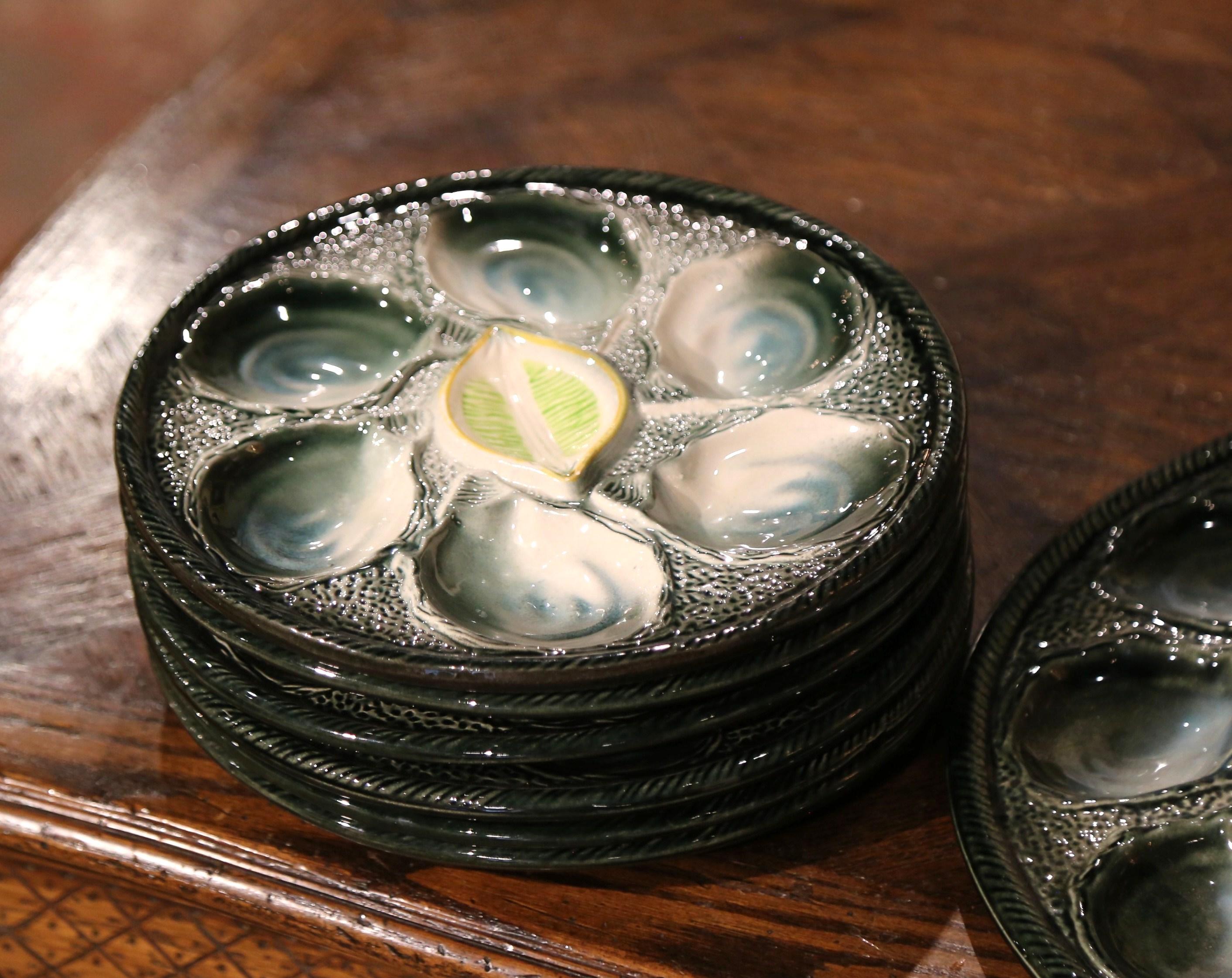 Hand-Crafted  Mid-Century French Saint Clement Barbotine Faience Oyster Plates '6' and Dish  For Sale