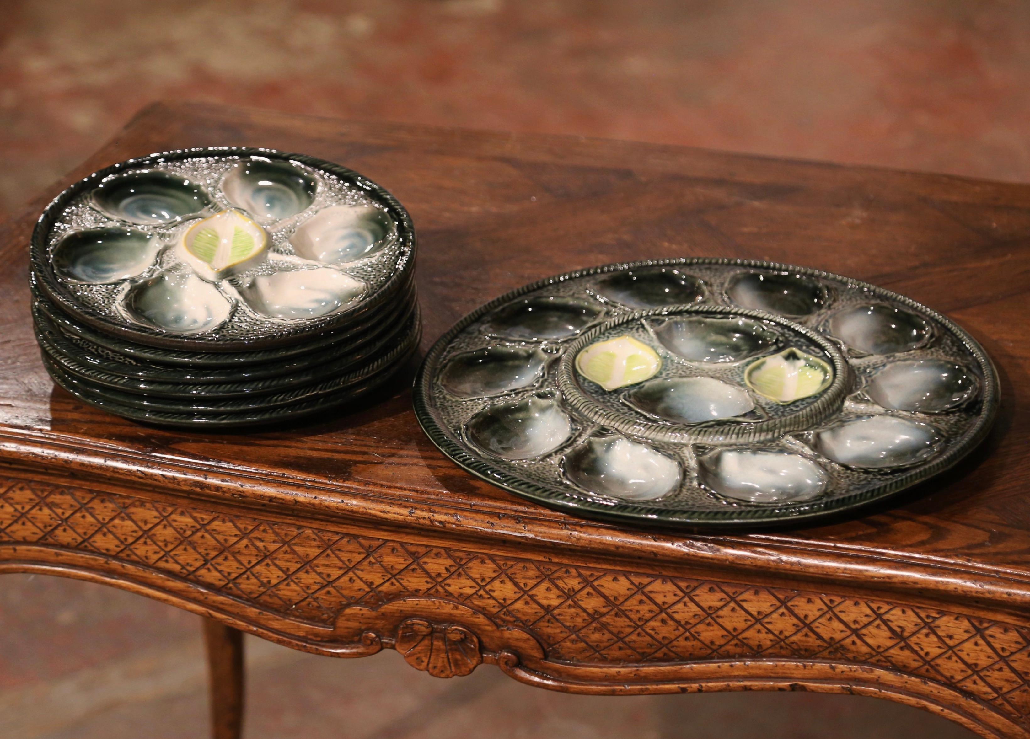 20th Century  Mid-Century French Saint Clement Barbotine Faience Oyster Plates '6' and Dish  For Sale