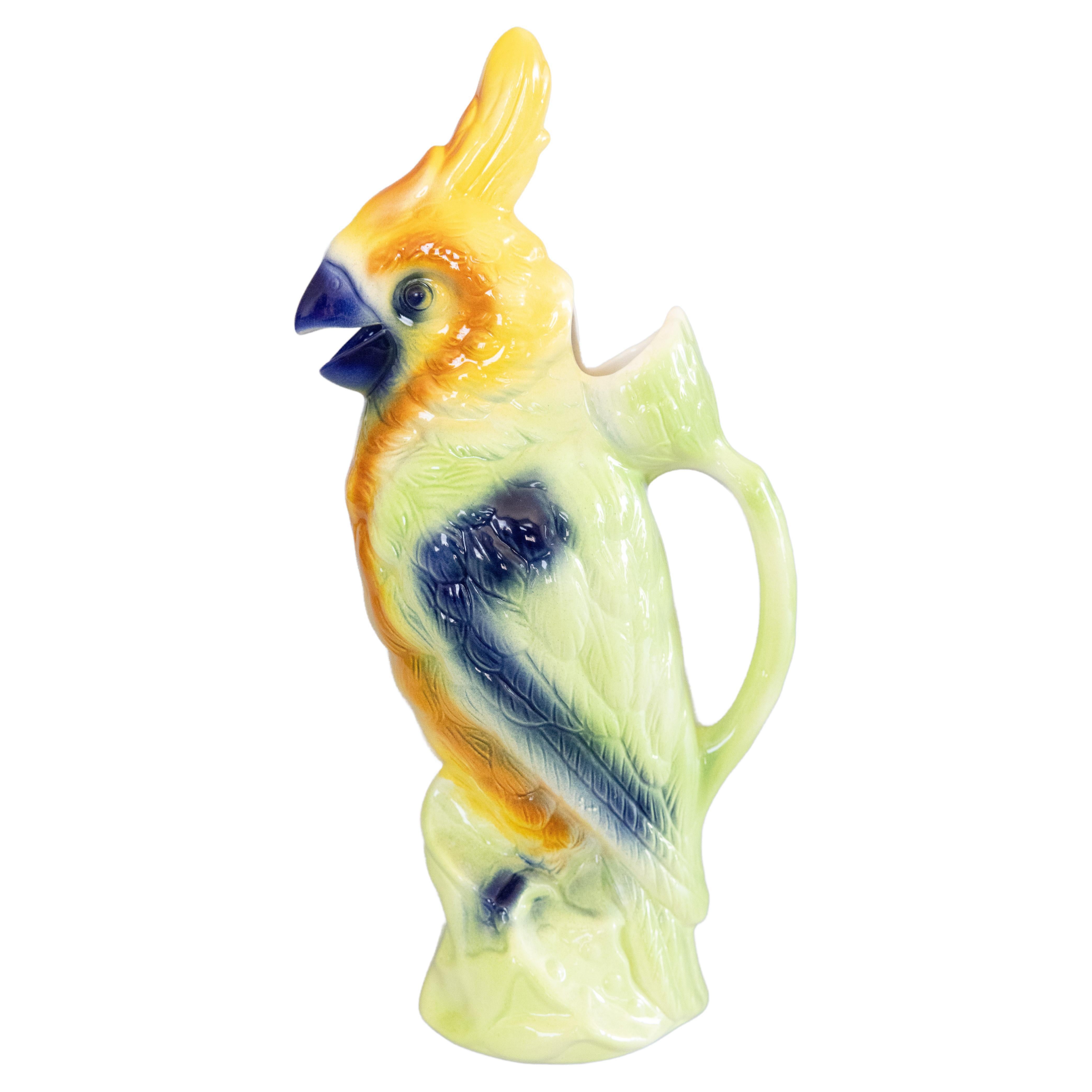 Mid-Century French Saint Clement Majolica Parrot Absinthe Pitcher Decanter