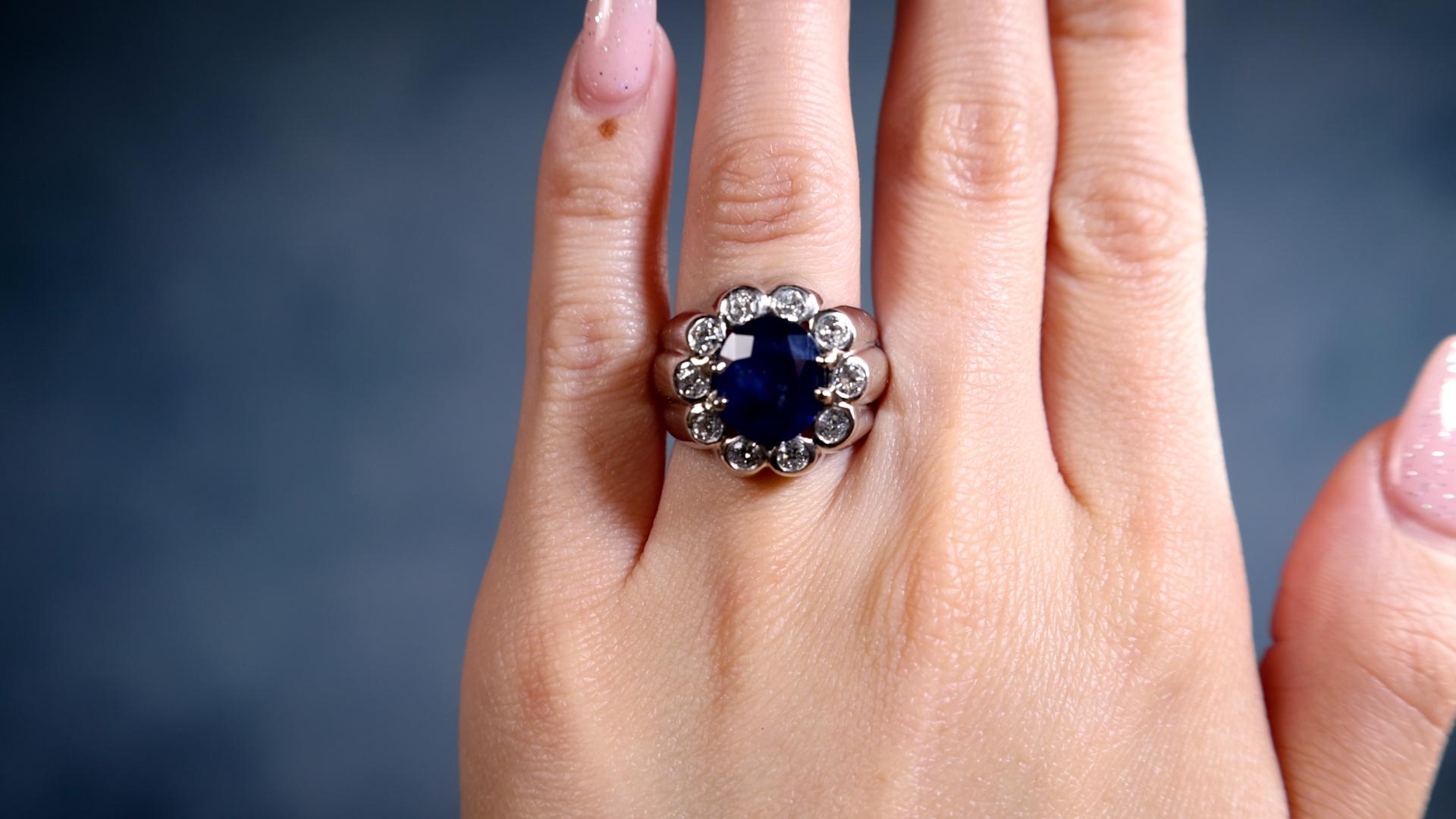 Mixed Cut Mid-Century French Sapphire and Diamond Platinum Ring For Sale