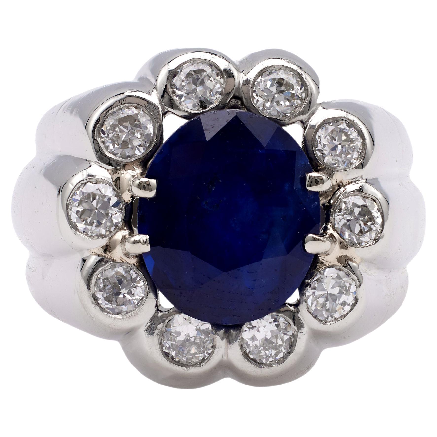 Mid-Century French Sapphire and Diamond Platinum Ring For Sale