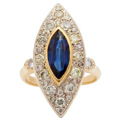 Midcentury French Sapphire Diamond 18k Two Toned Navette Ring