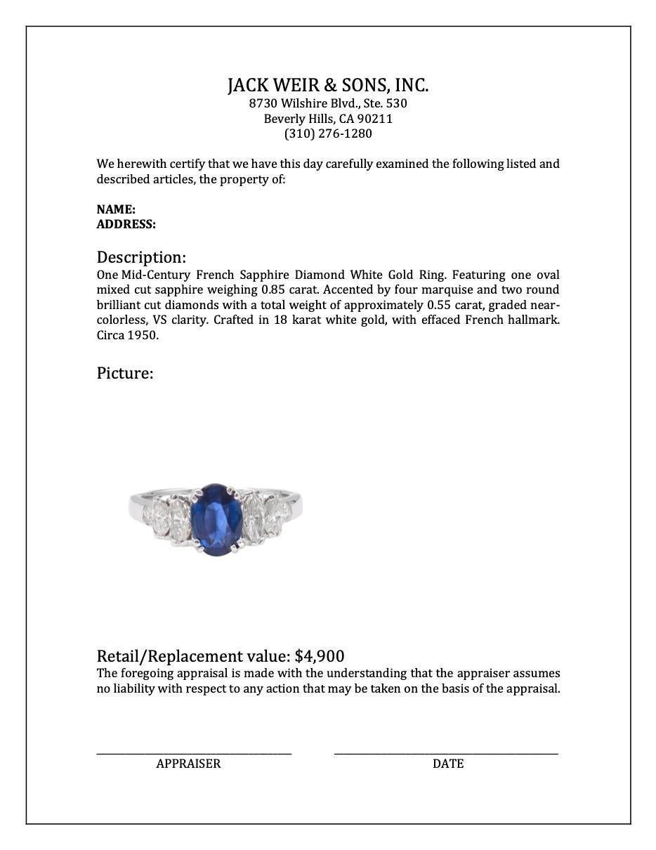 Mid-Century French Sapphire Diamond White Gold Ring 2