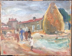 Figures in French Farmyard Haystack and Duck Pond, 1950's Oil Painting