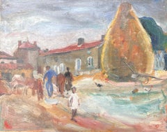 Figures in French Farmyard Haystack and Duck Pond, 1950's Oil Painting