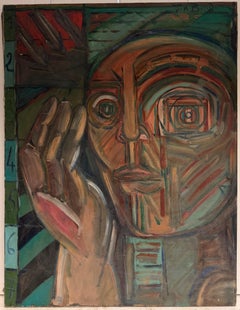 Huge French Mid Century Cubist Male Portrait Figure Smoky Colours Oil Painting