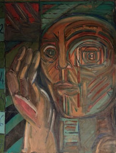 Huge French Mid Century Cubist Male Portrait Figure Smoky Colours Oil Painting