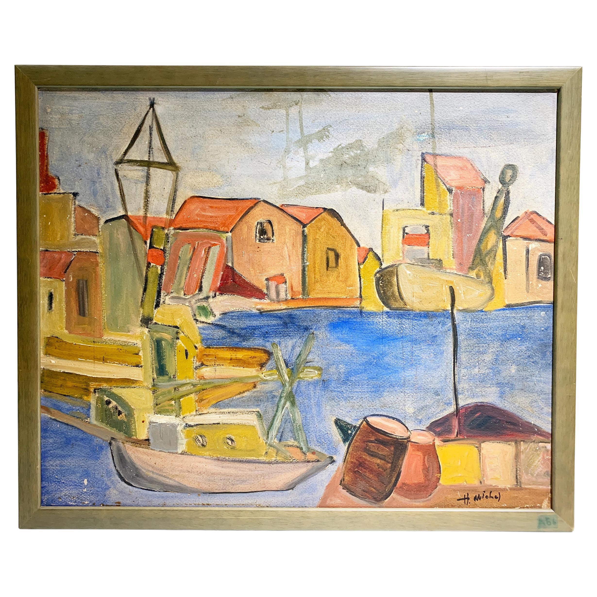 Peinture impressionniste de l
école française du milieu du siècle représentant une scène de port, signée "H. H. Michele"