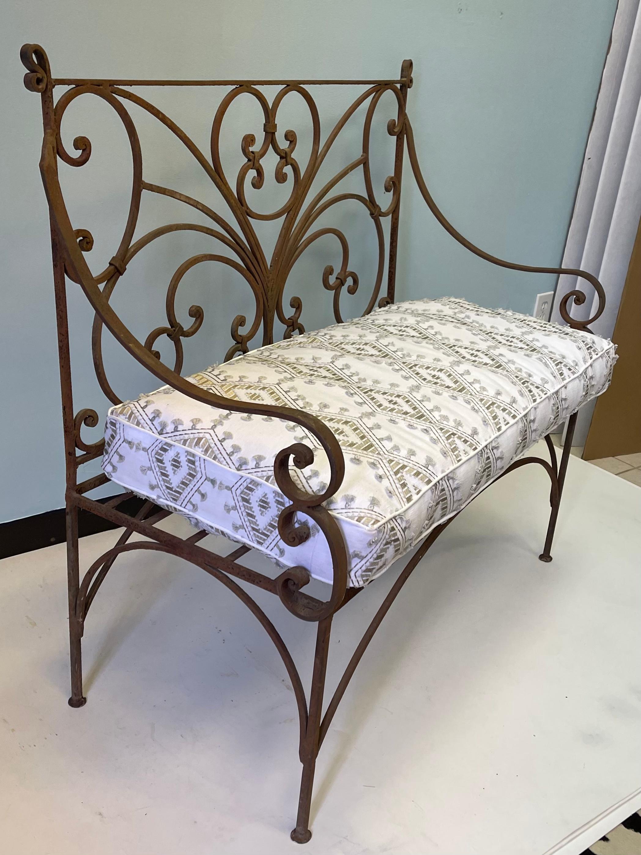 Upholstery Mid-Century French Scrolling Iron Garden Settee or Bench For Sale