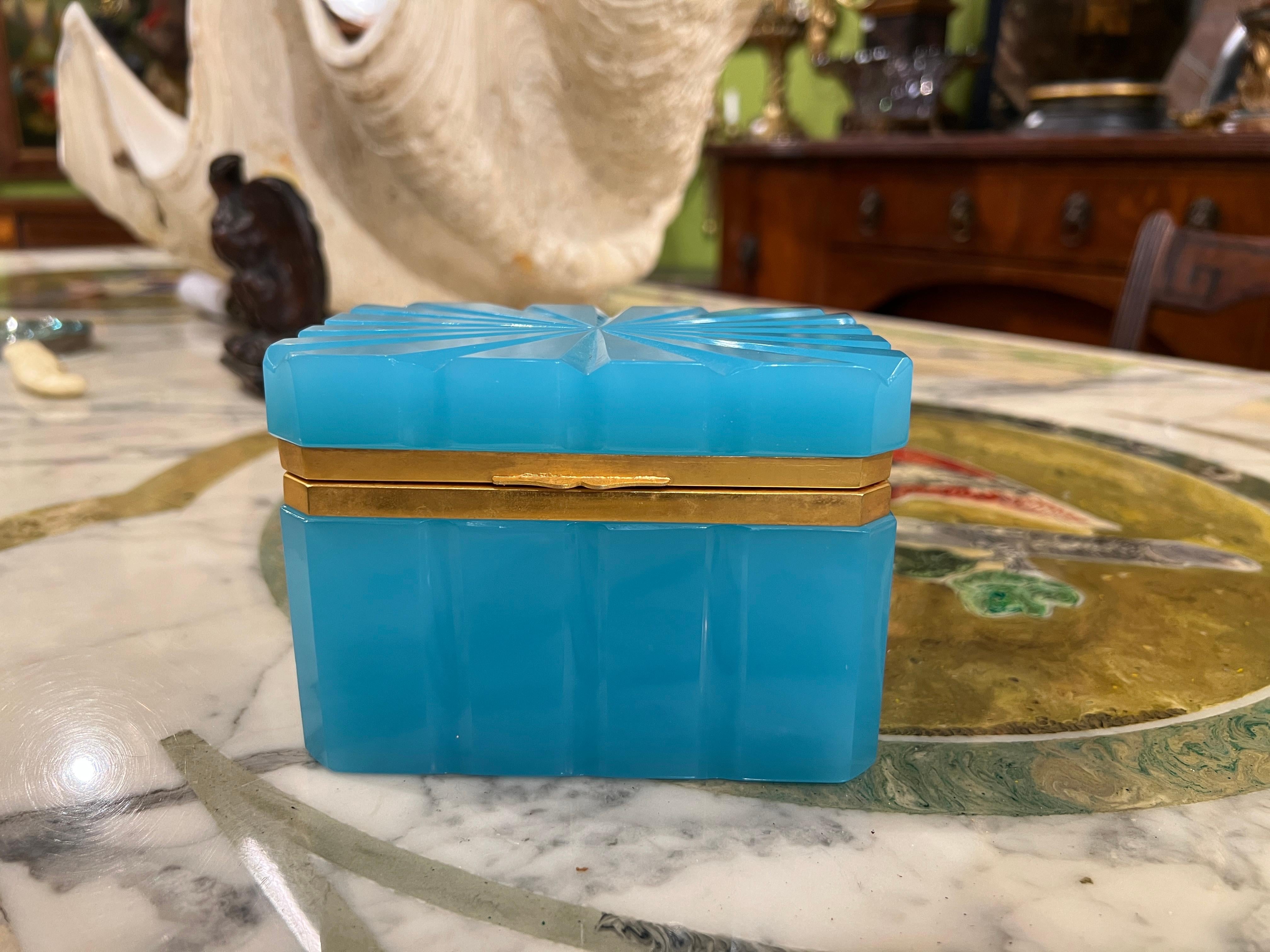 Louis XVI Mid Century, French Sculpted Blue Opaline & Dore Bronze Box - Unusual Design