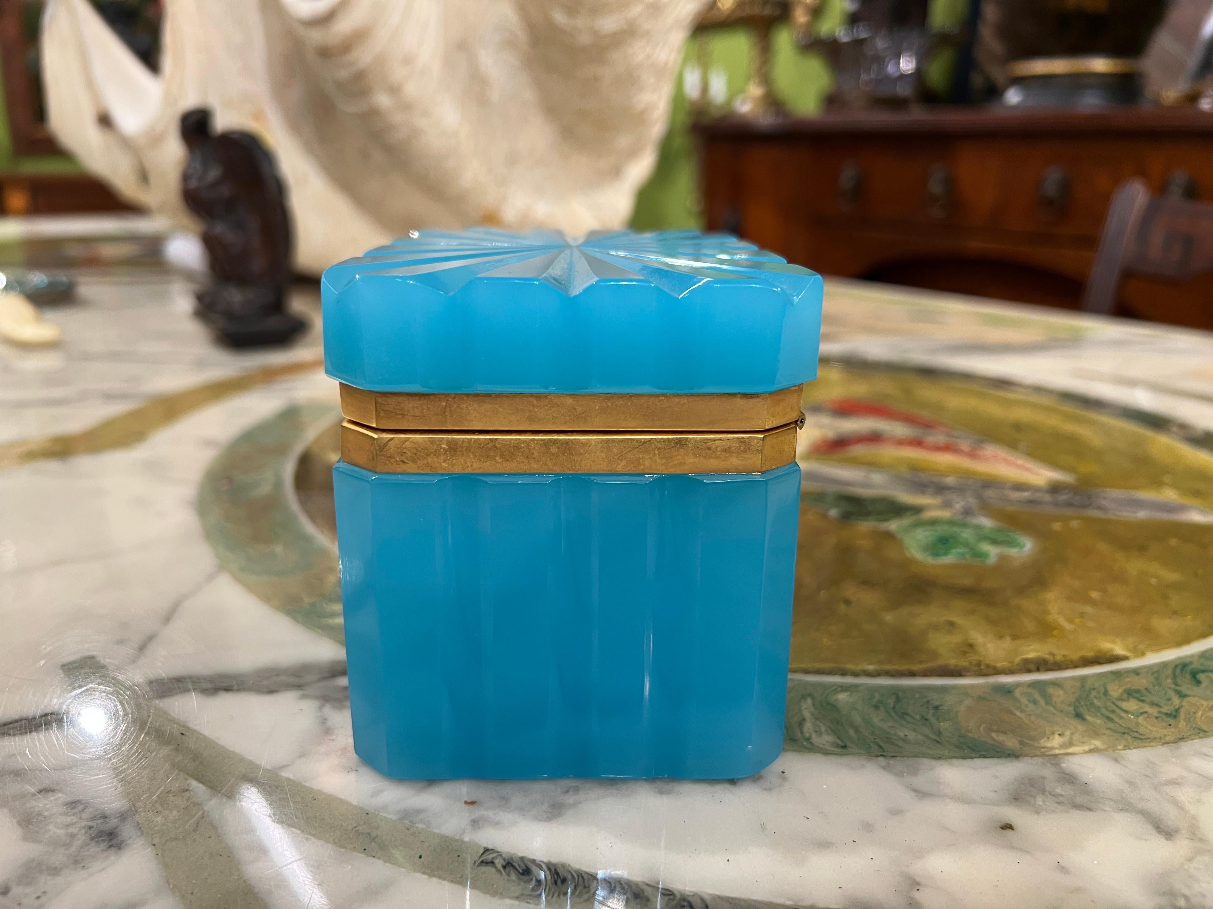 Mid Century, French Sculpted Blue Opaline & Dore Bronze Box - Unusual Design In Good Condition In Atlanta, GA