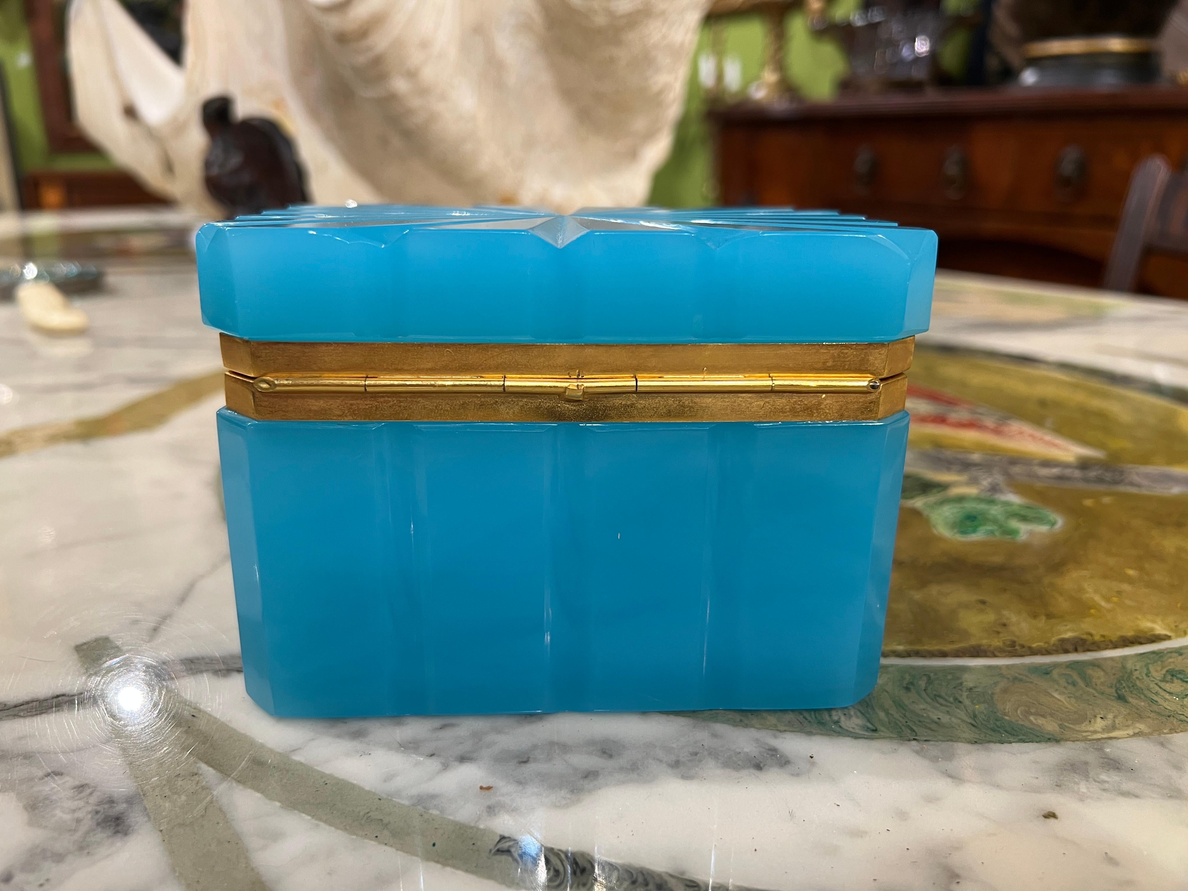 20th Century Mid Century, French Sculpted Blue Opaline & Dore Bronze Box - Unusual Design