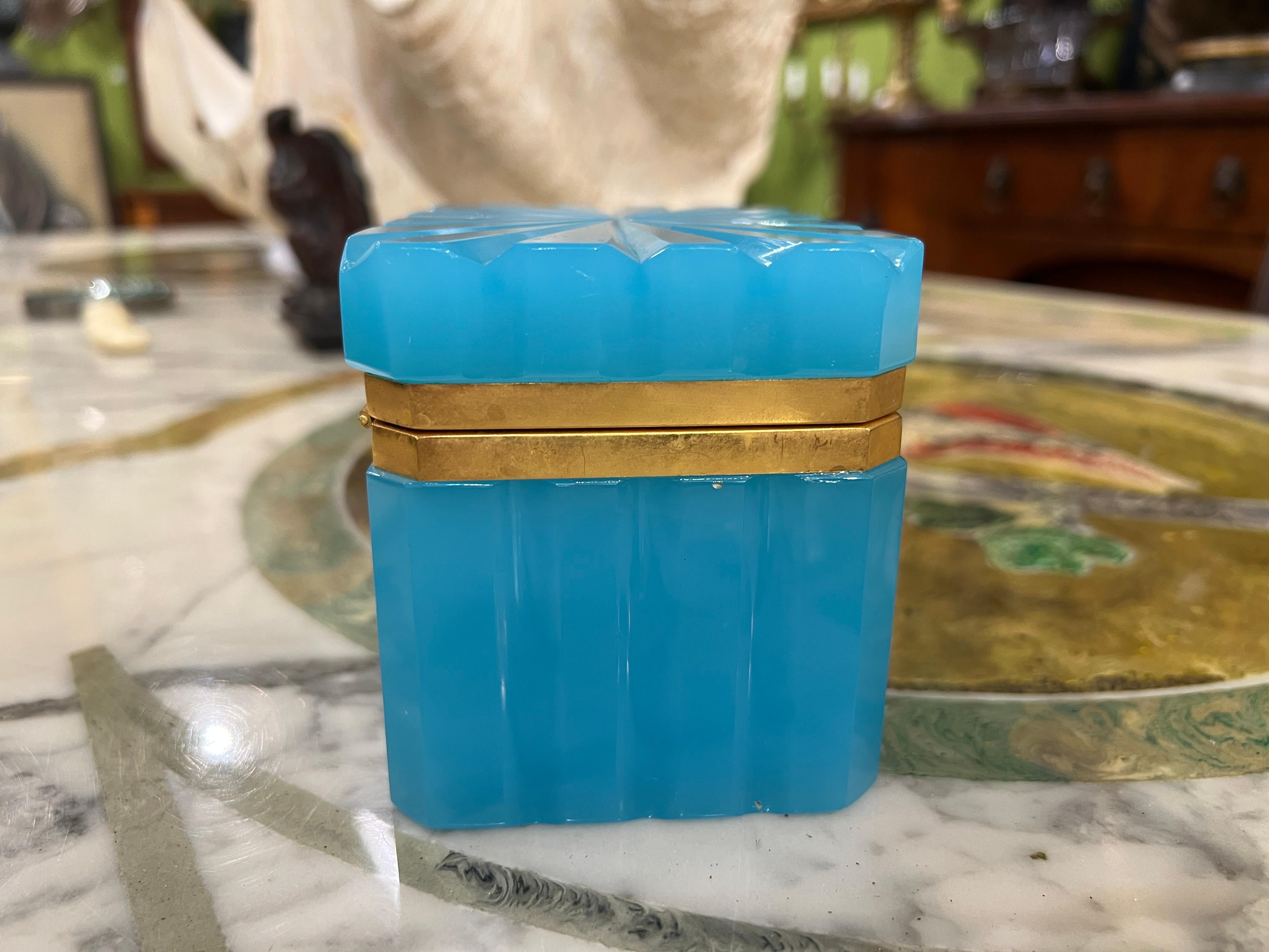 Mid Century, French Sculpted Blue Opaline & Dore Bronze Box - Unusual Design 1