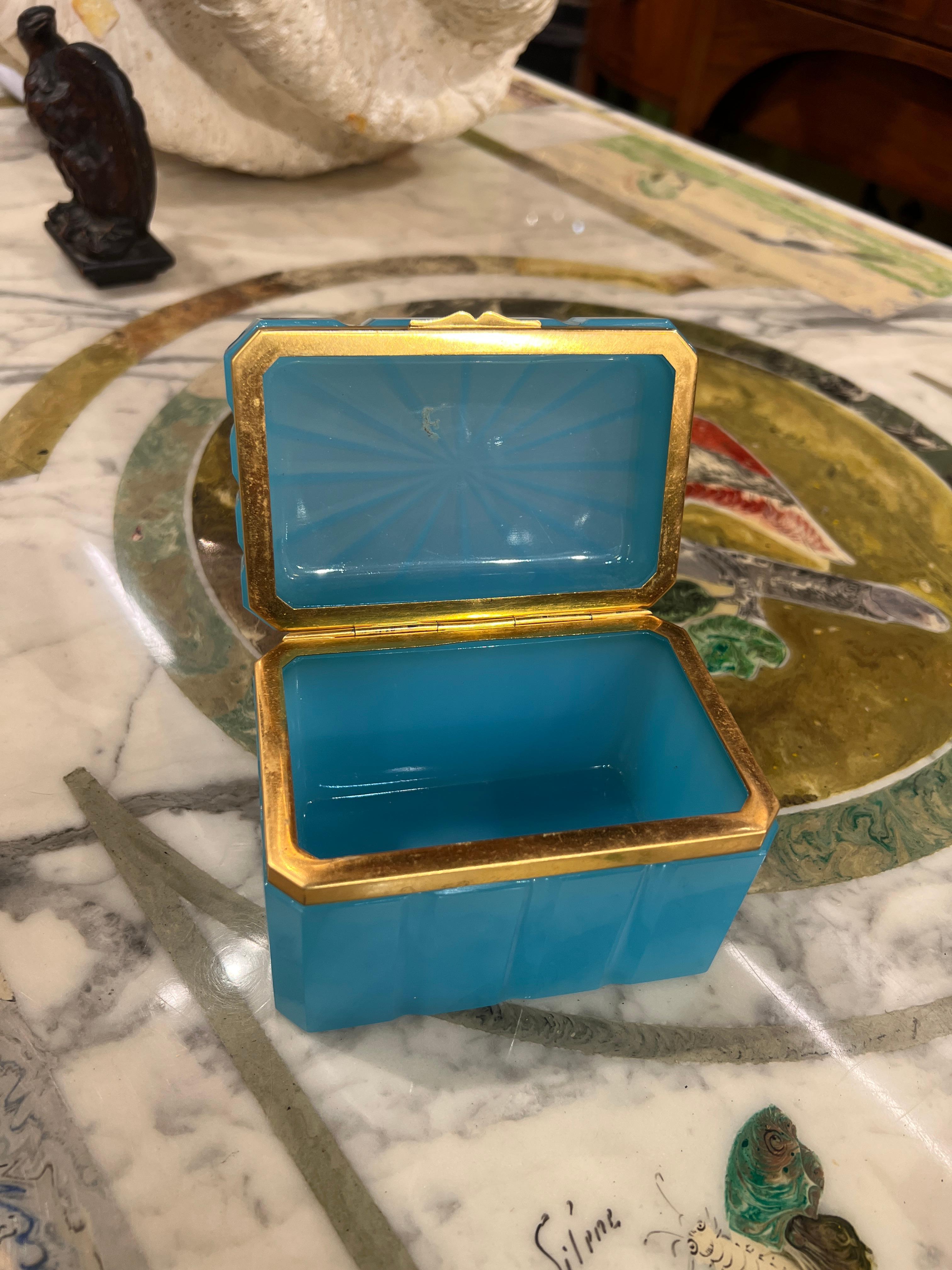 Mid Century, French Sculpted Blue Opaline & Dore Bronze Box - Unusual Design 2