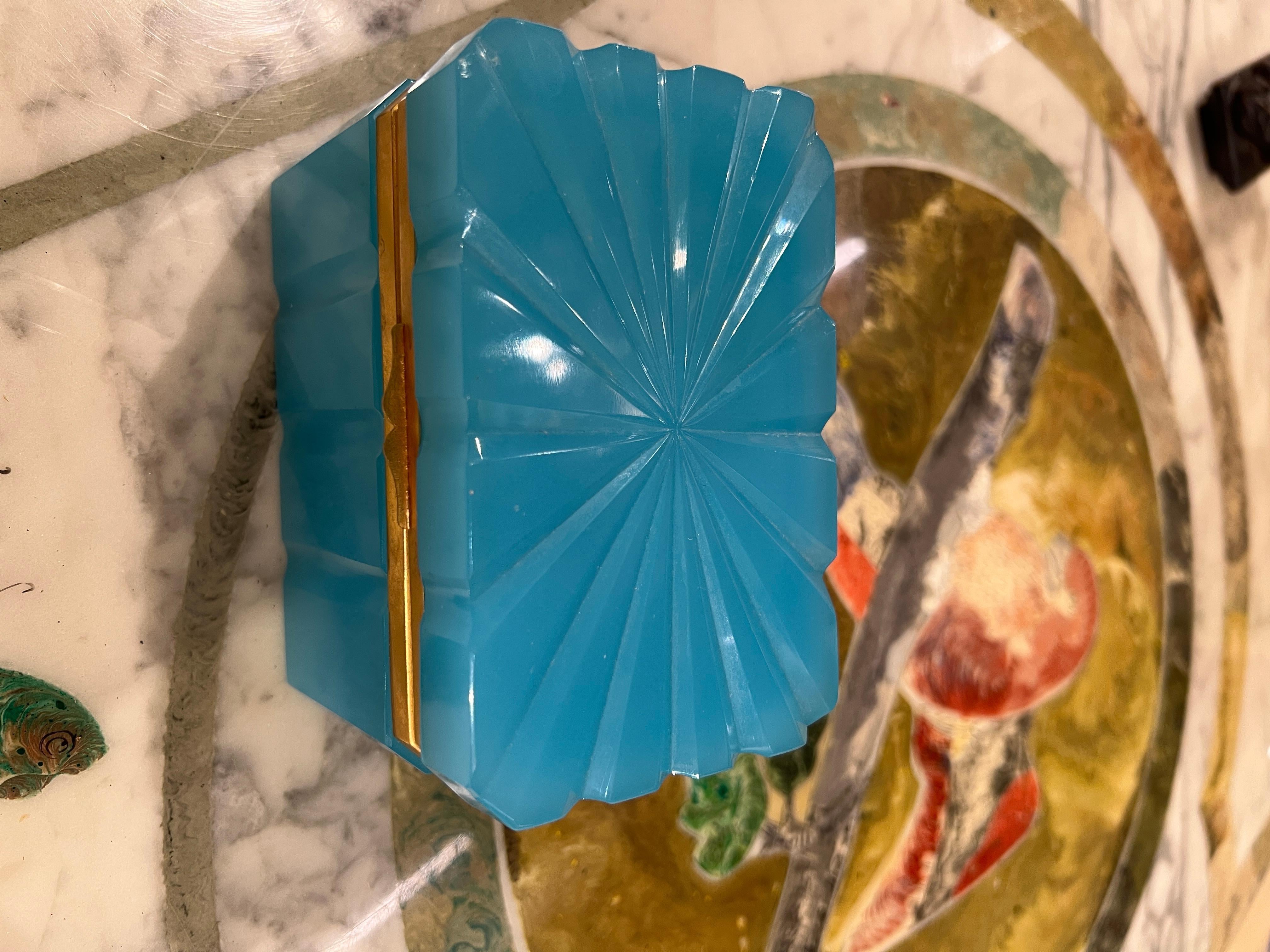 Mid Century, French Sculpted Blue Opaline & Dore Bronze Box - Unusual Design 3
