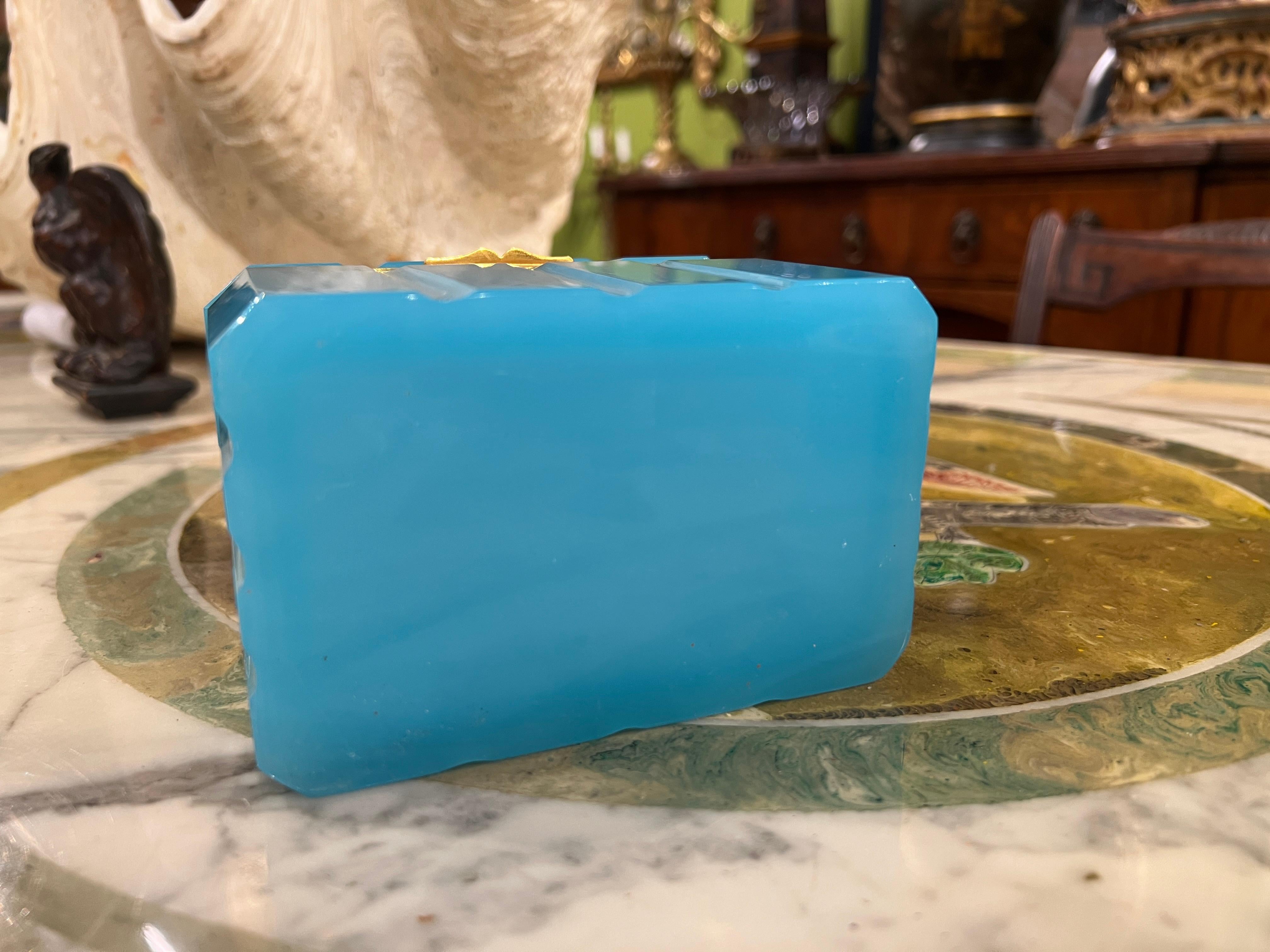 Mid Century, French Sculpted Blue Opaline & Dore Bronze Box - Unusual Design 4
