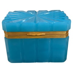 Mid Century, French Sculpted Blue Opaline & Dore Bronze Box - Unusual Design