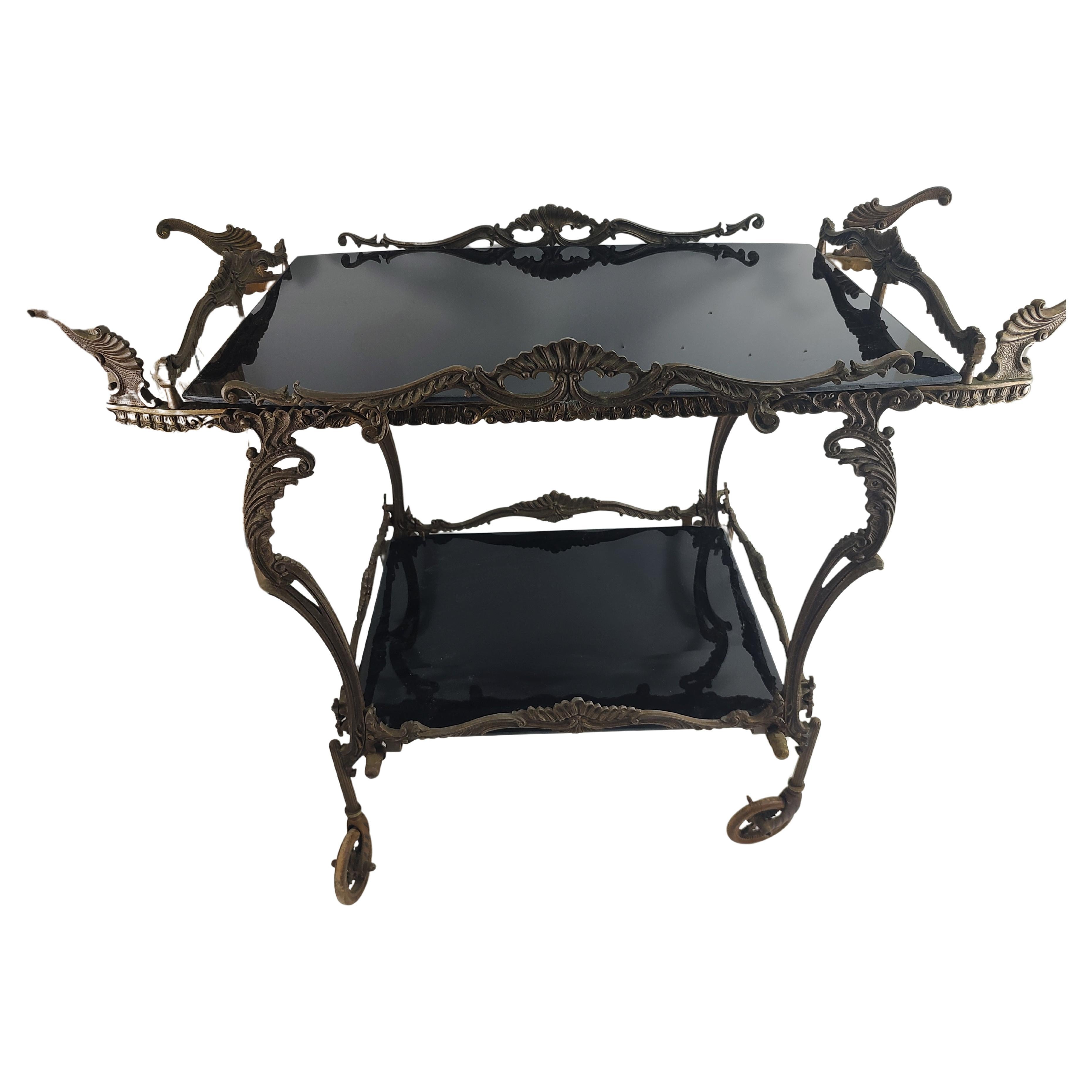Mid Century French Sculptural Petite Brass Bar Cart with Black Glass C1948 For Sale