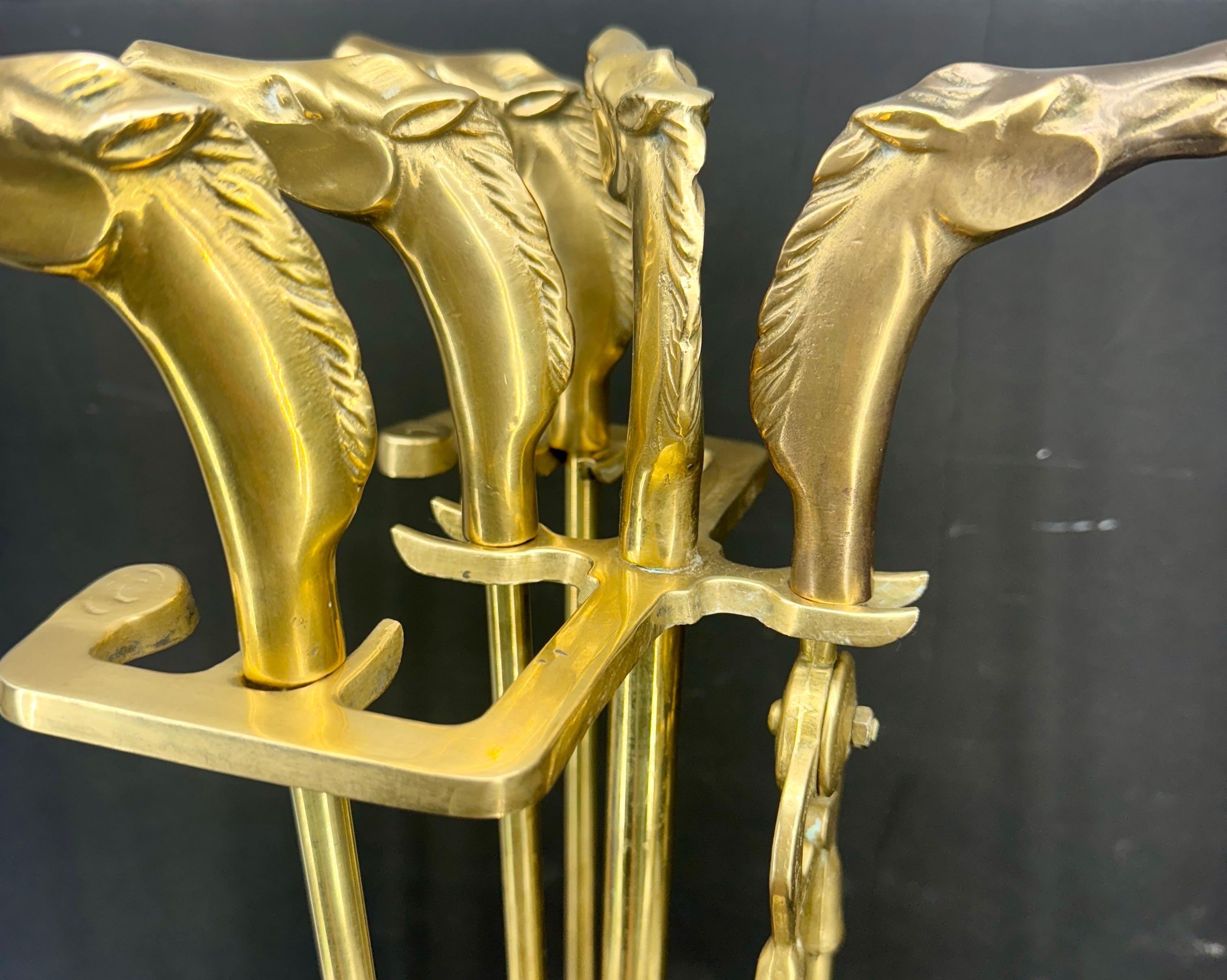Mid-Century French Set of Brass Equestrian Fireplace Tools 3