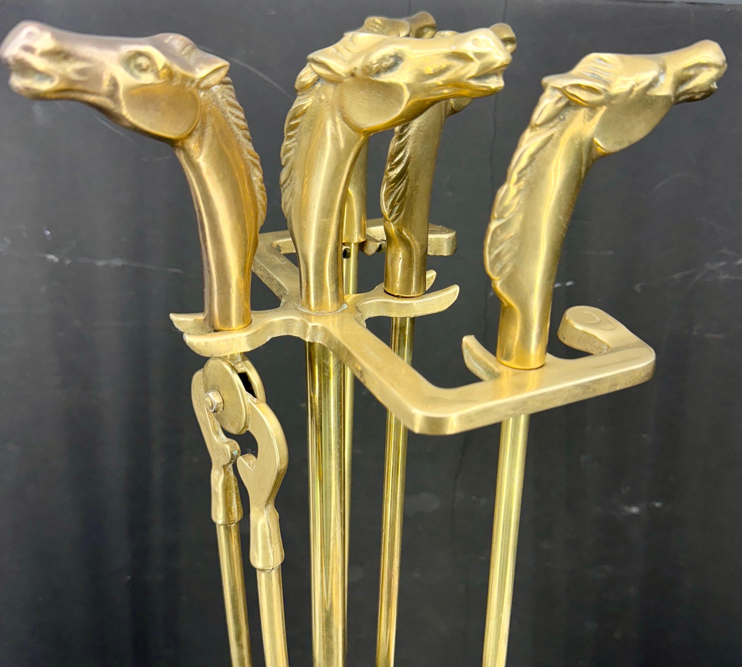 Mid-Century French Set of Brass Equestrian Fireplace Tools 4