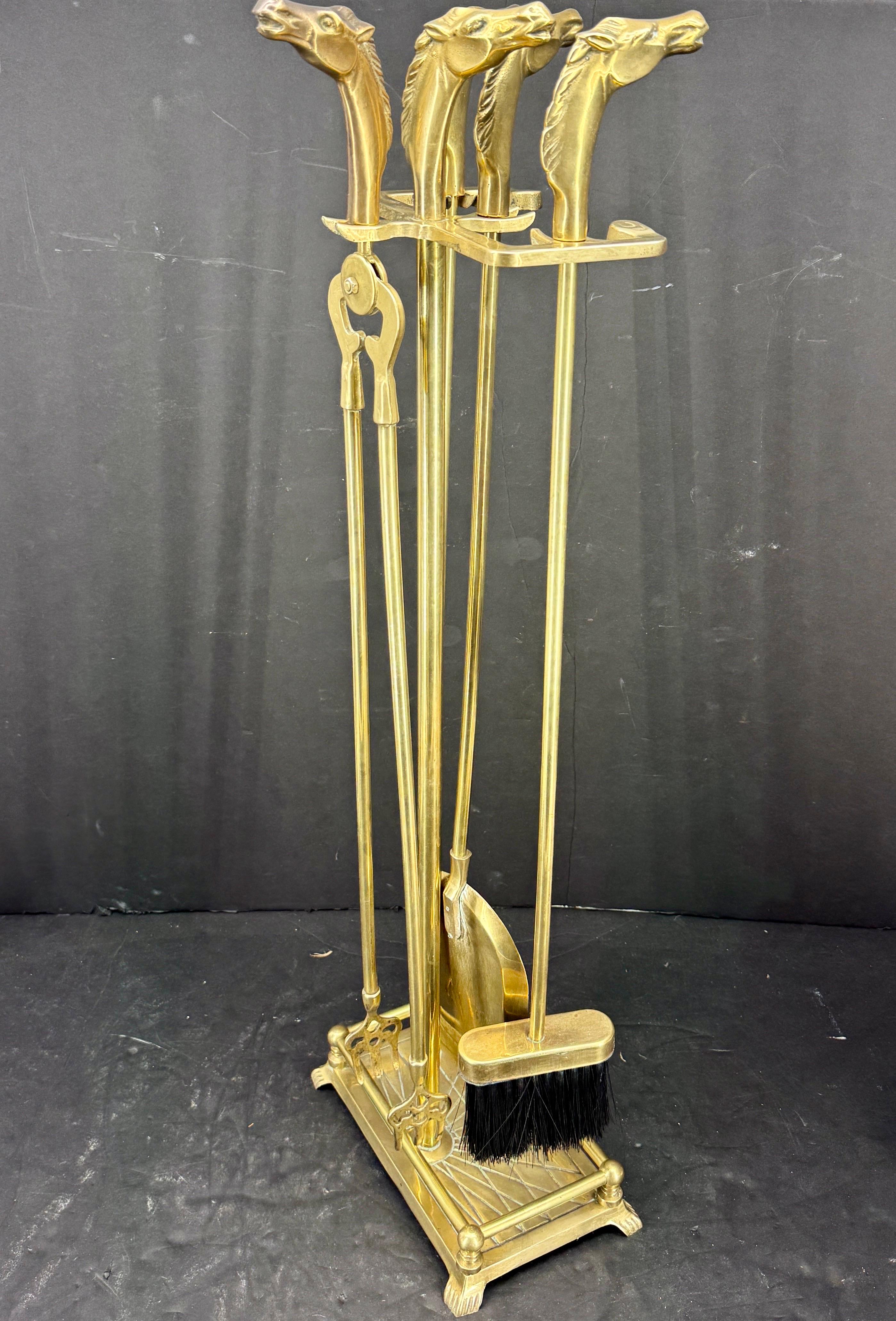 Mid-Century Modern Mid-Century French Set of Brass Equestrian Fireplace Tools