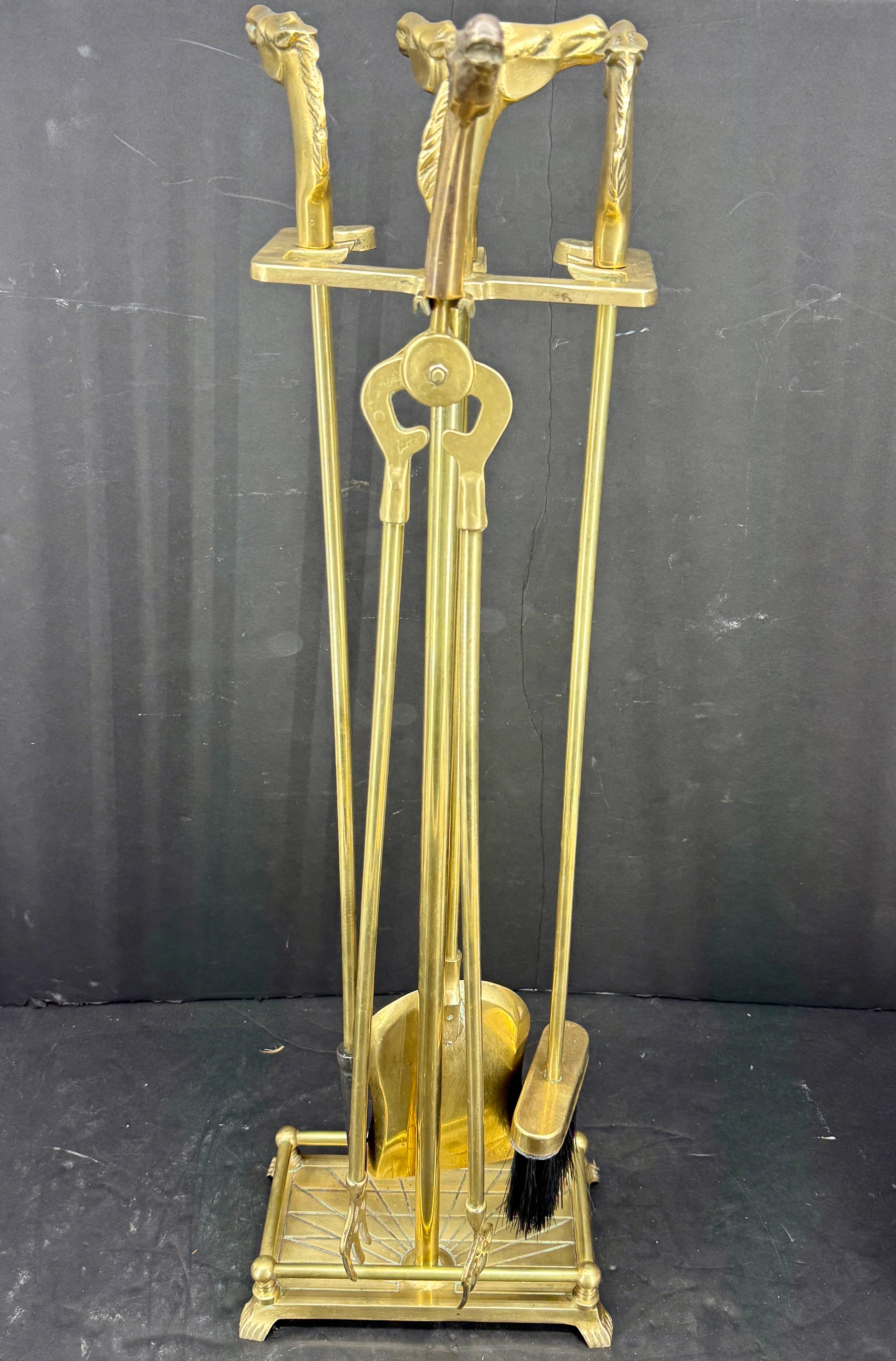 Hand-Crafted Mid-Century French Set of Brass Equestrian Fireplace Tools