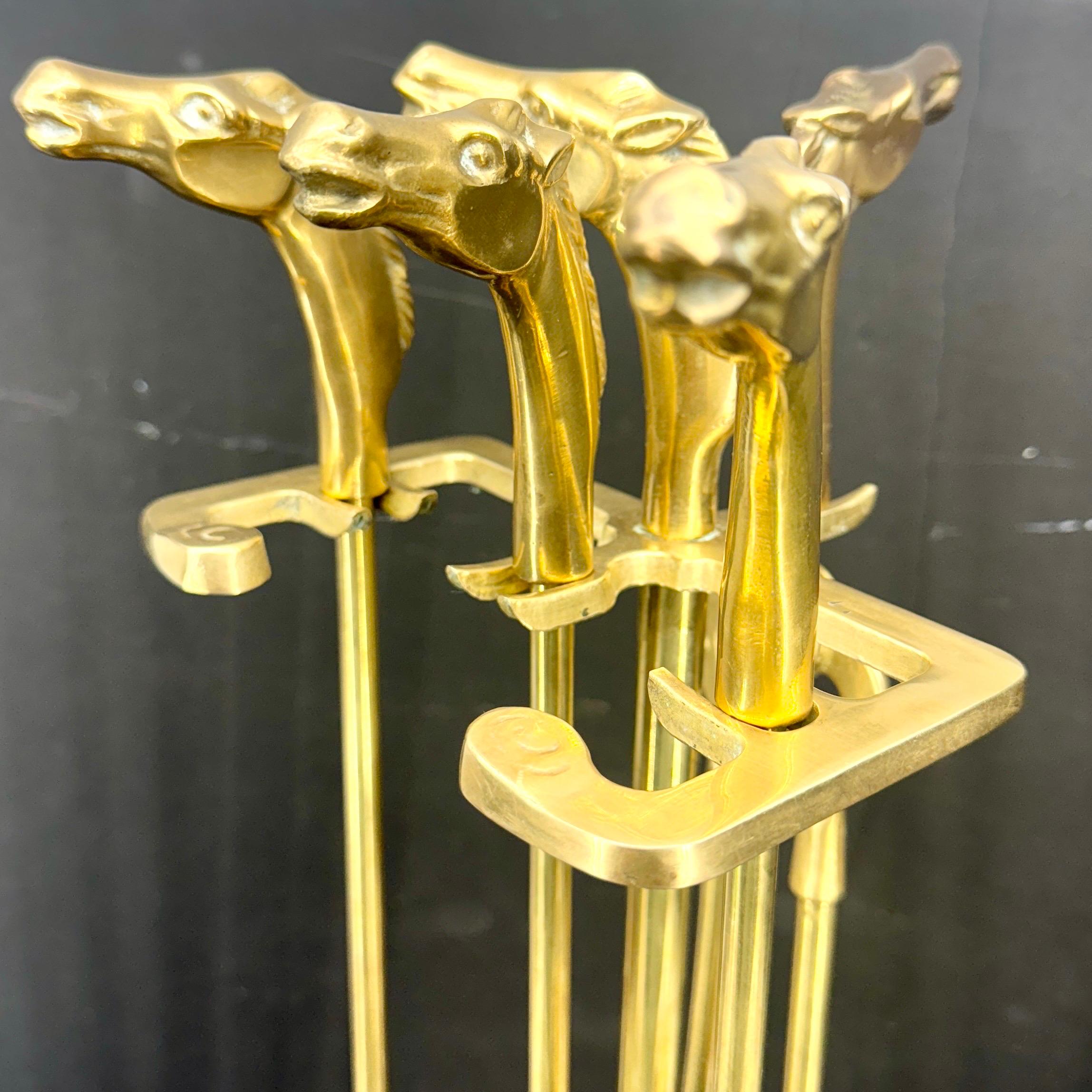Mid-Century French Set of Brass Equestrian Fireplace Tools 1