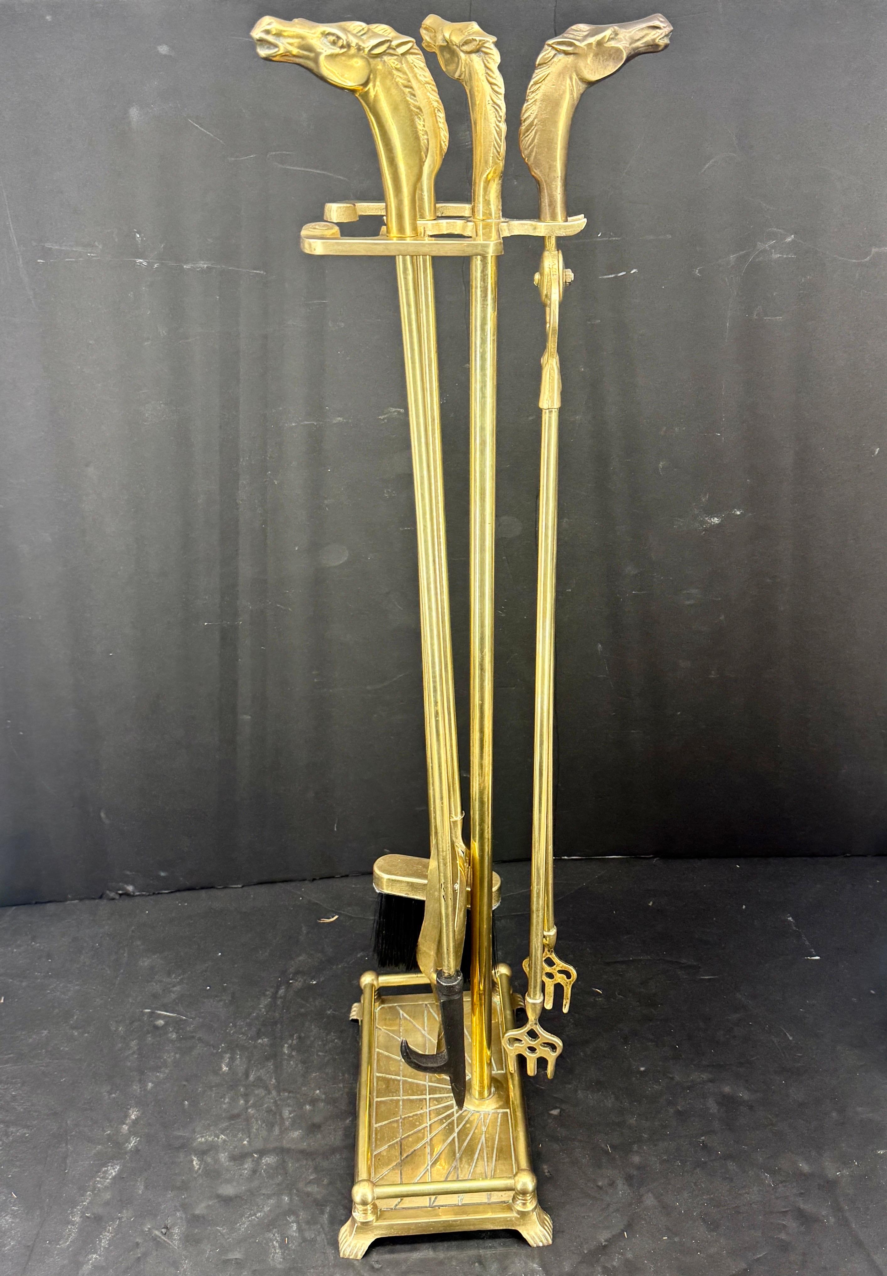 Mid-Century French Set of Brass Equestrian Fireplace Tools 2