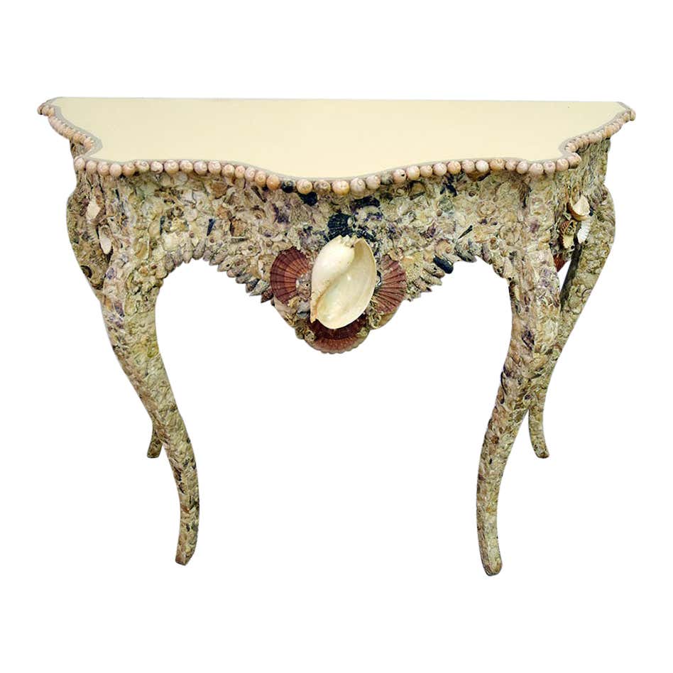 Tableuv Shell Hollywood Regency Shell Form Console Table With Faux Travertine Top For ...