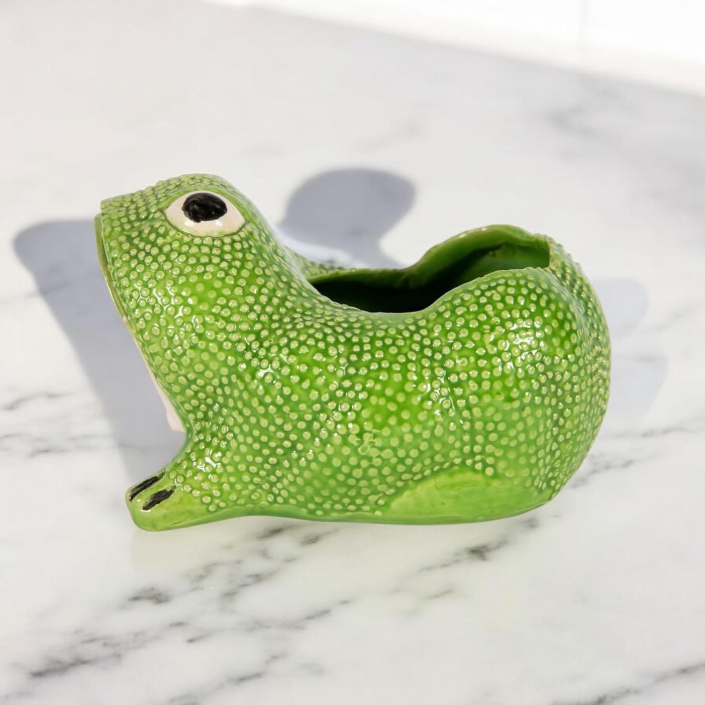 Made in Paris! This is a mid-century French Jean Roger green hobnail ceramic frog planter. It is signed and in very good condition. Minor wear.