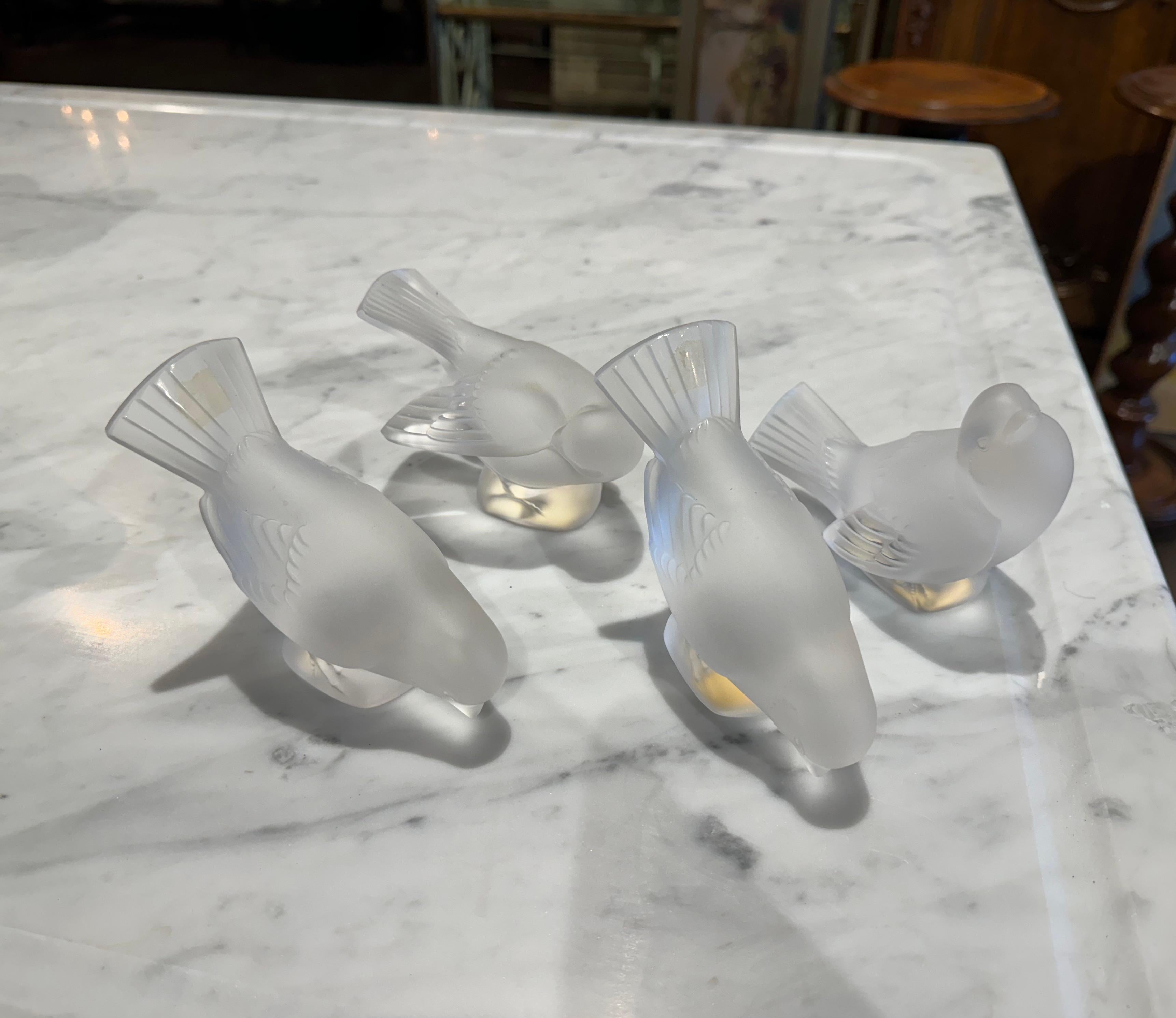 20th Century Mid-Century French Signed Lalique Frosted Crystal Sparrow Sculptures, Set of 4 For Sale