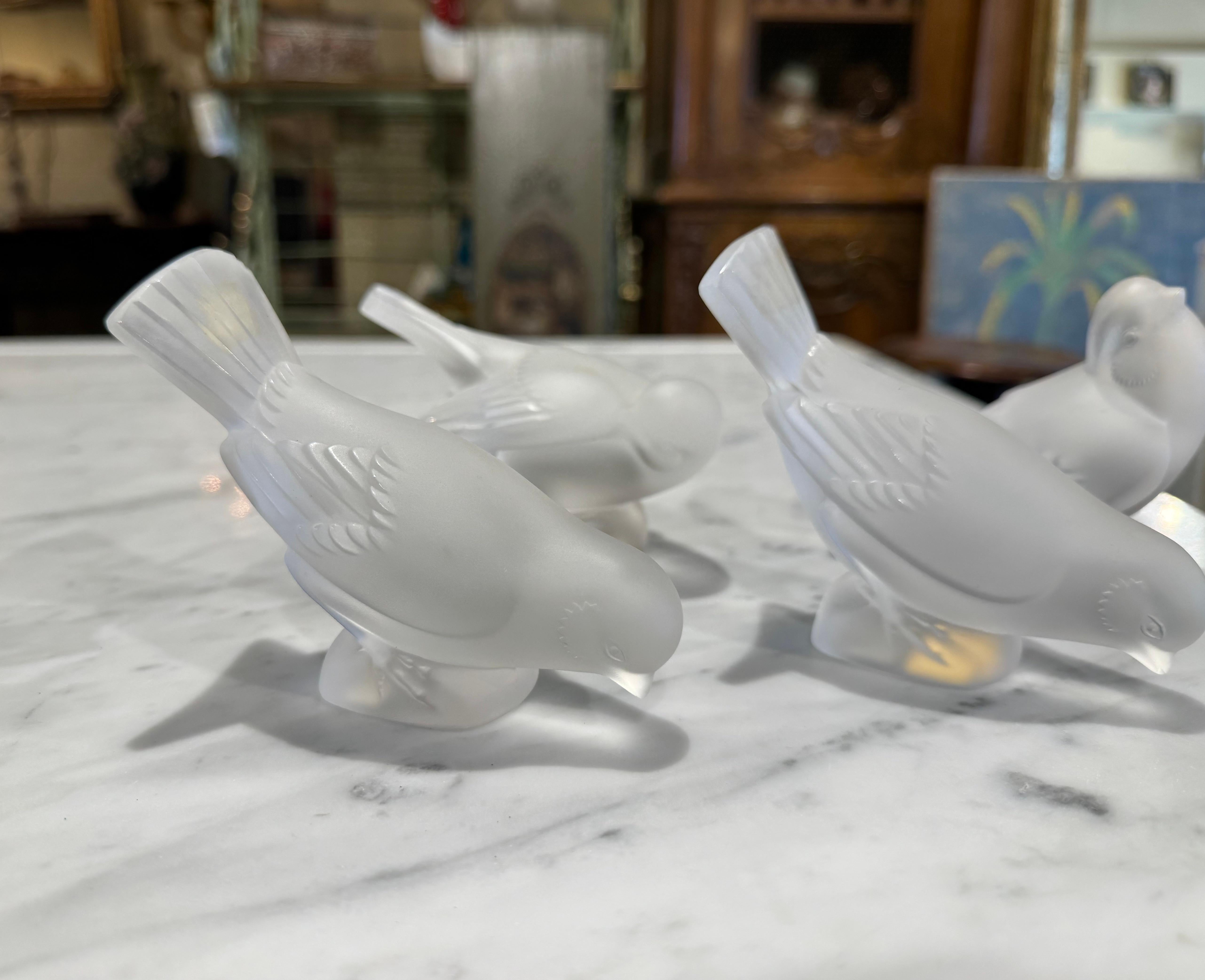Mid-Century French Signed Lalique Frosted Crystal Sparrow Sculptures, Set of 4 For Sale 1