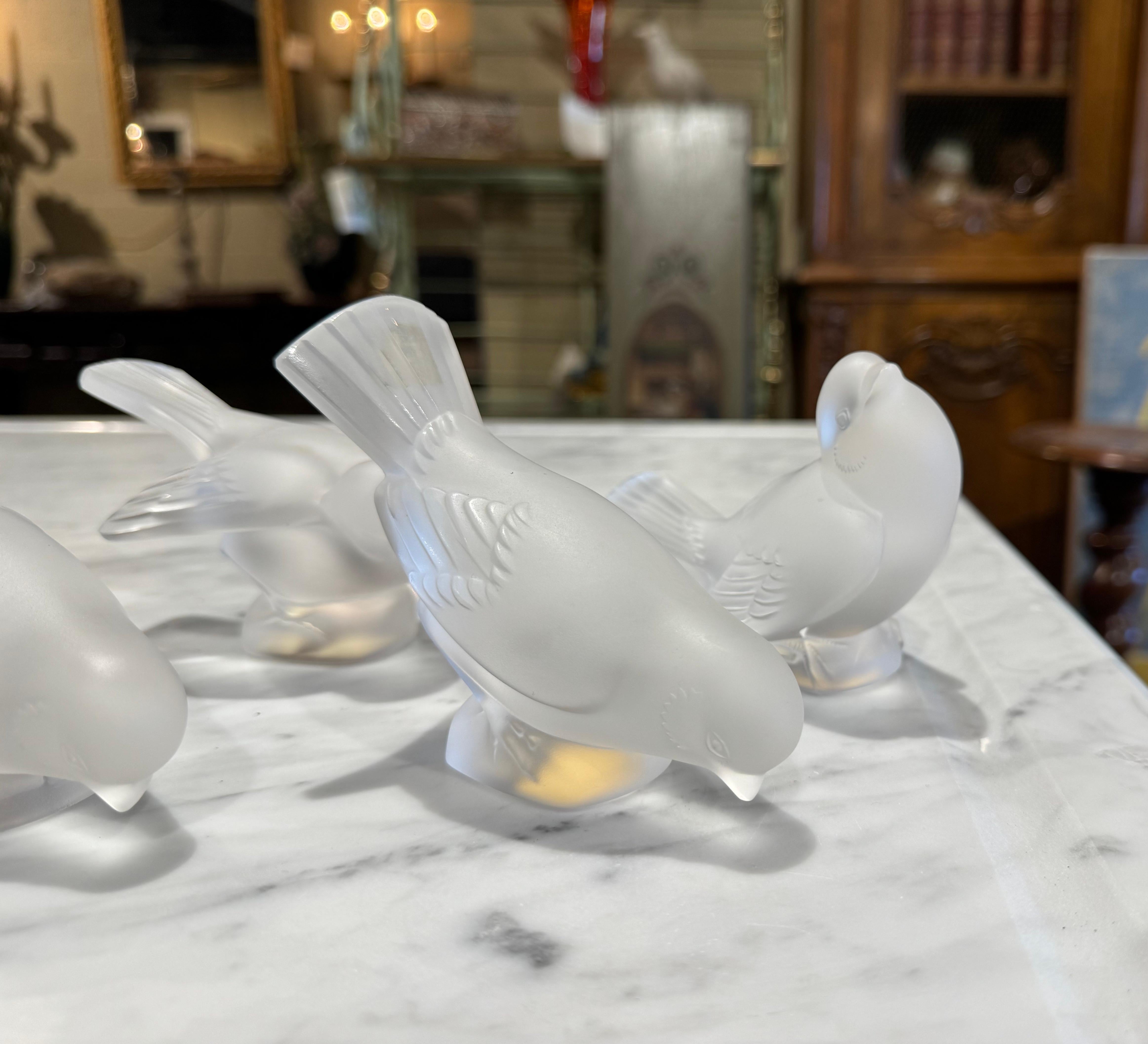Mid-Century French Signed Lalique Frosted Crystal Sparrow Sculptures, Set of 4 For Sale 2