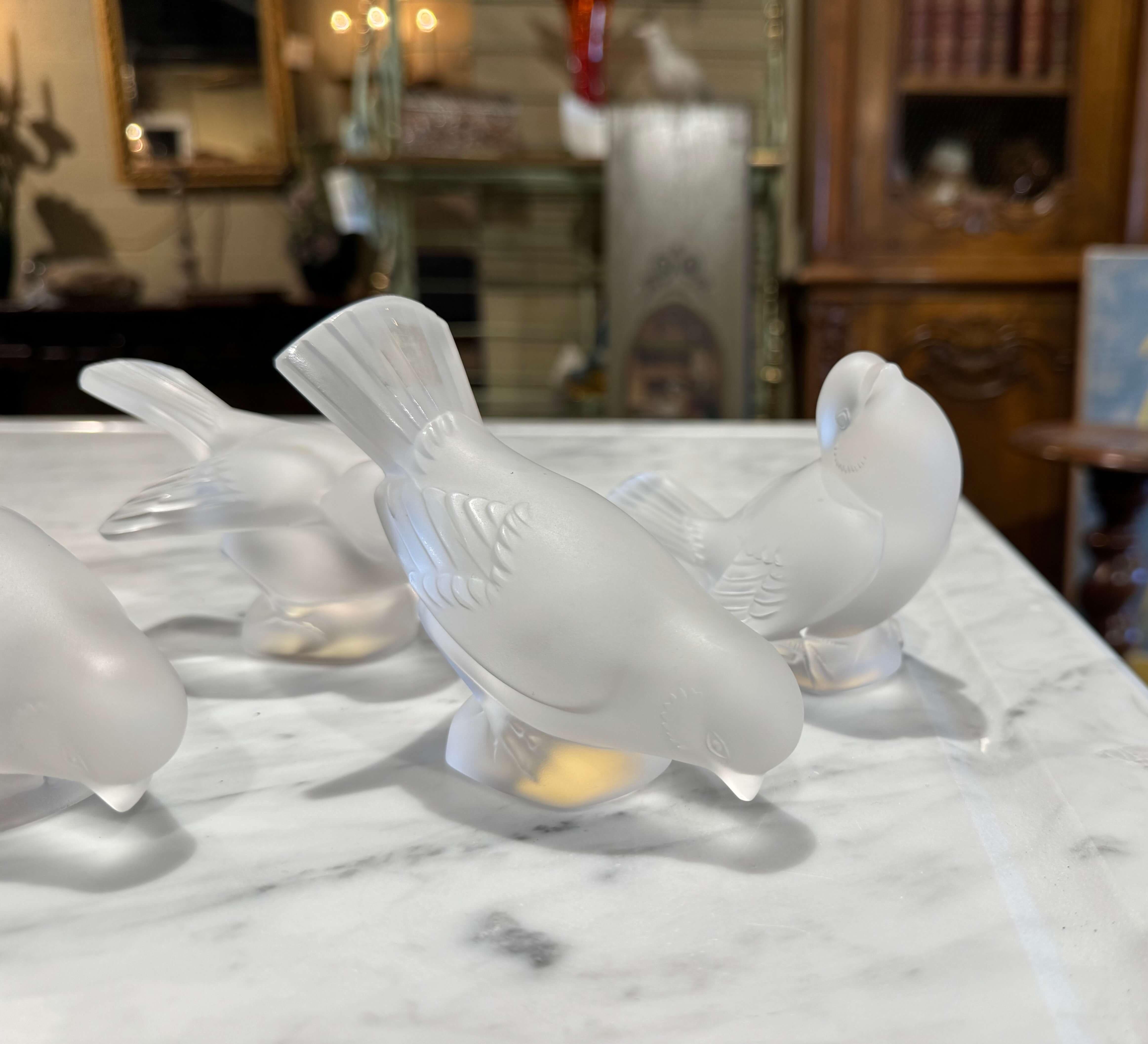 XX secolo Sculture di passeri in cristallo smerigliato firmate Lalique della metà del secolo scorso, set di 4 pezzi in vendita