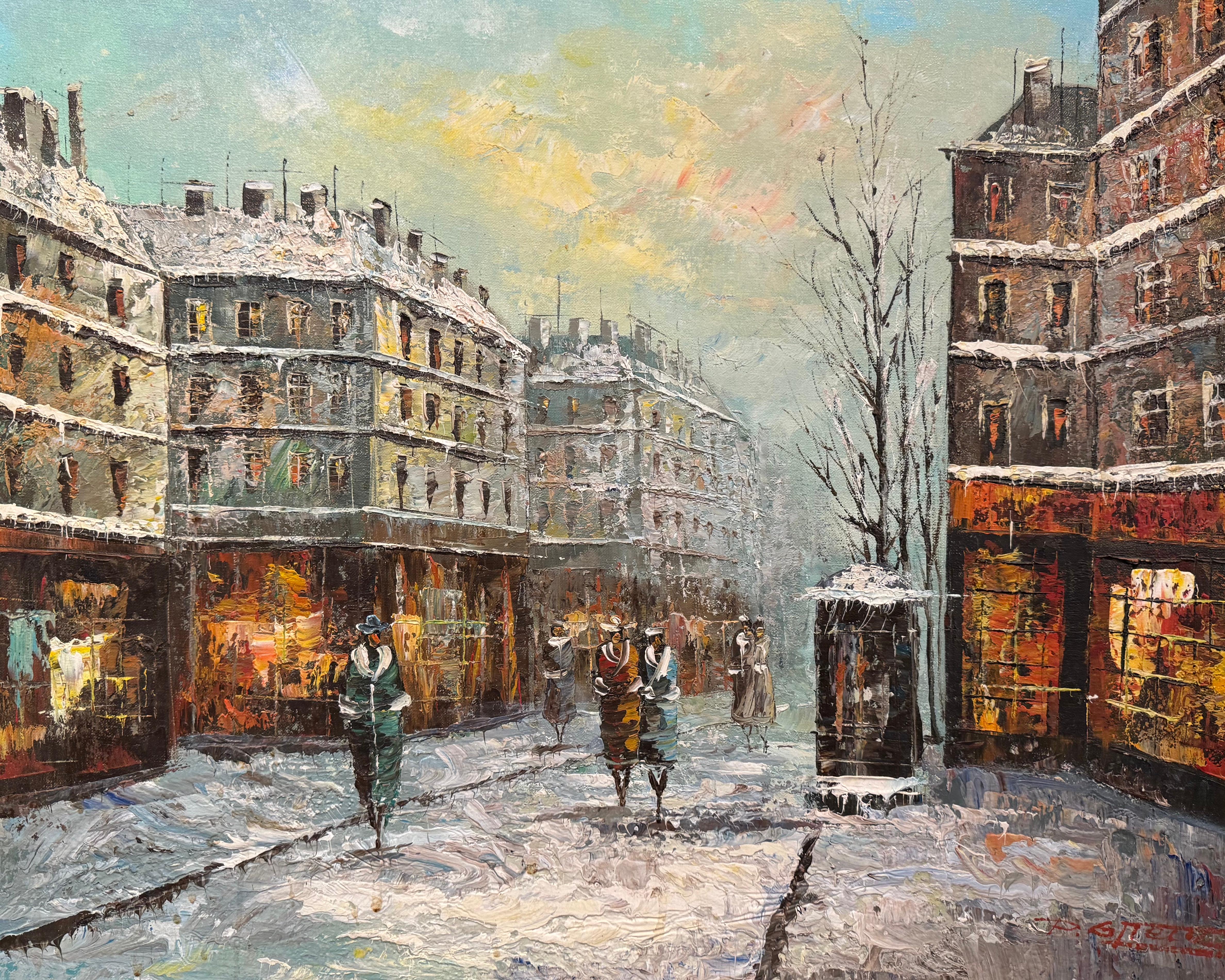 Carved Mid-Century French Signed Parisian Street Scene Oil on Canvas Painting  For Sale