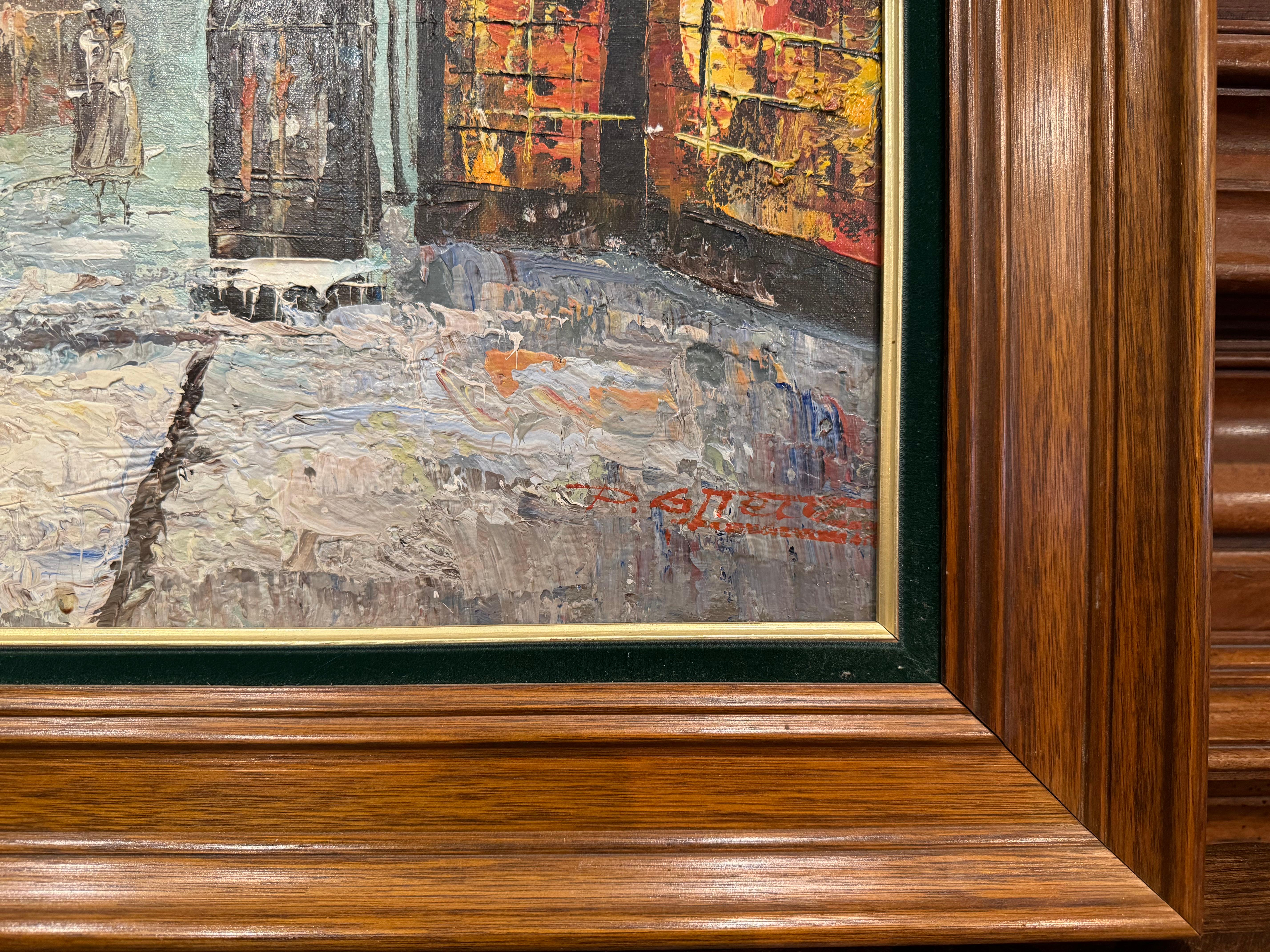 Mid-Century French Signed Parisian Street Scene Oil on Canvas Painting  In Excellent Condition For Sale In Dallas, TX