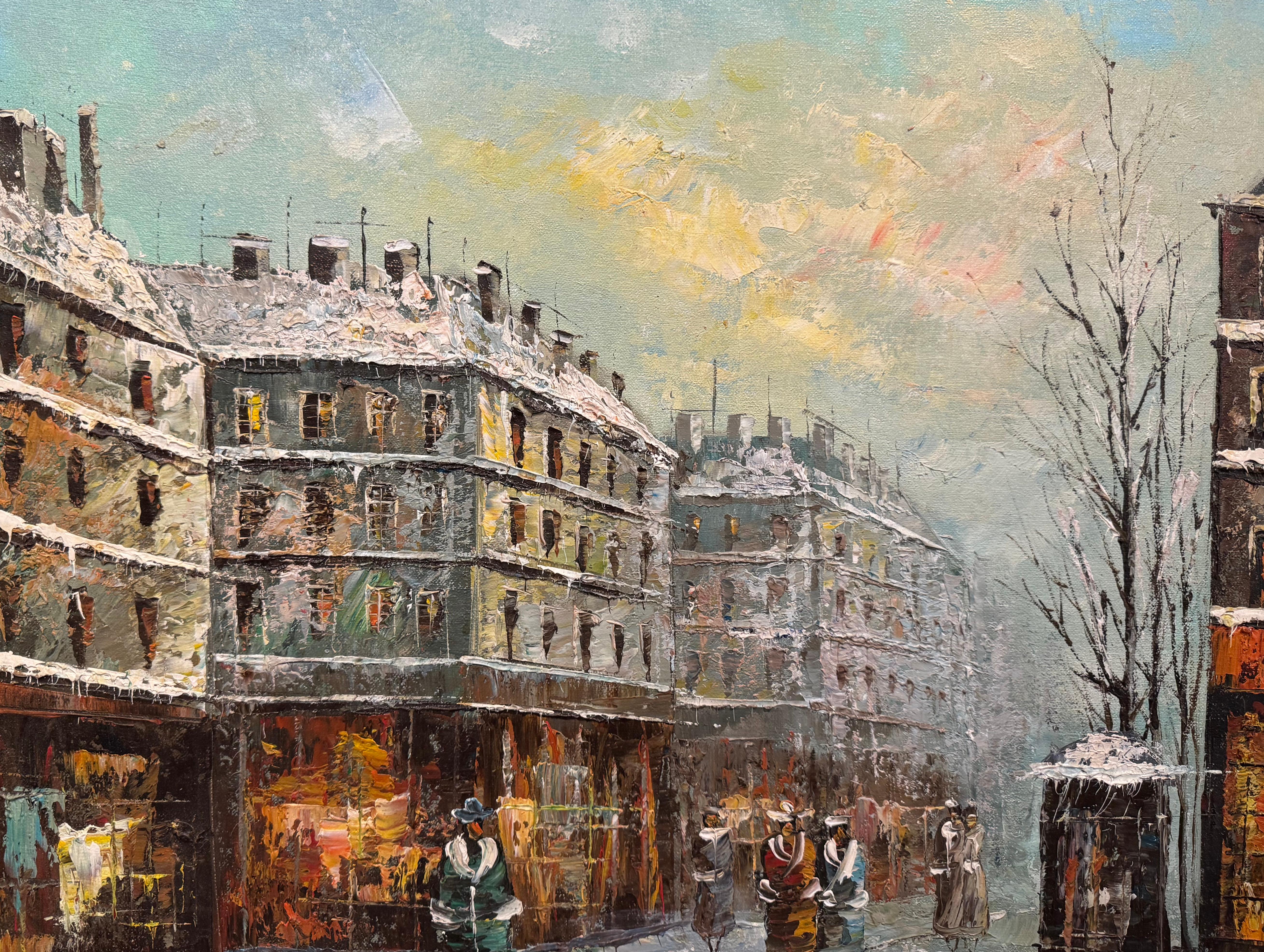 20ième siècle Huile sur toile - Scène de rue parisienne signée du milieu du siècle  en vente