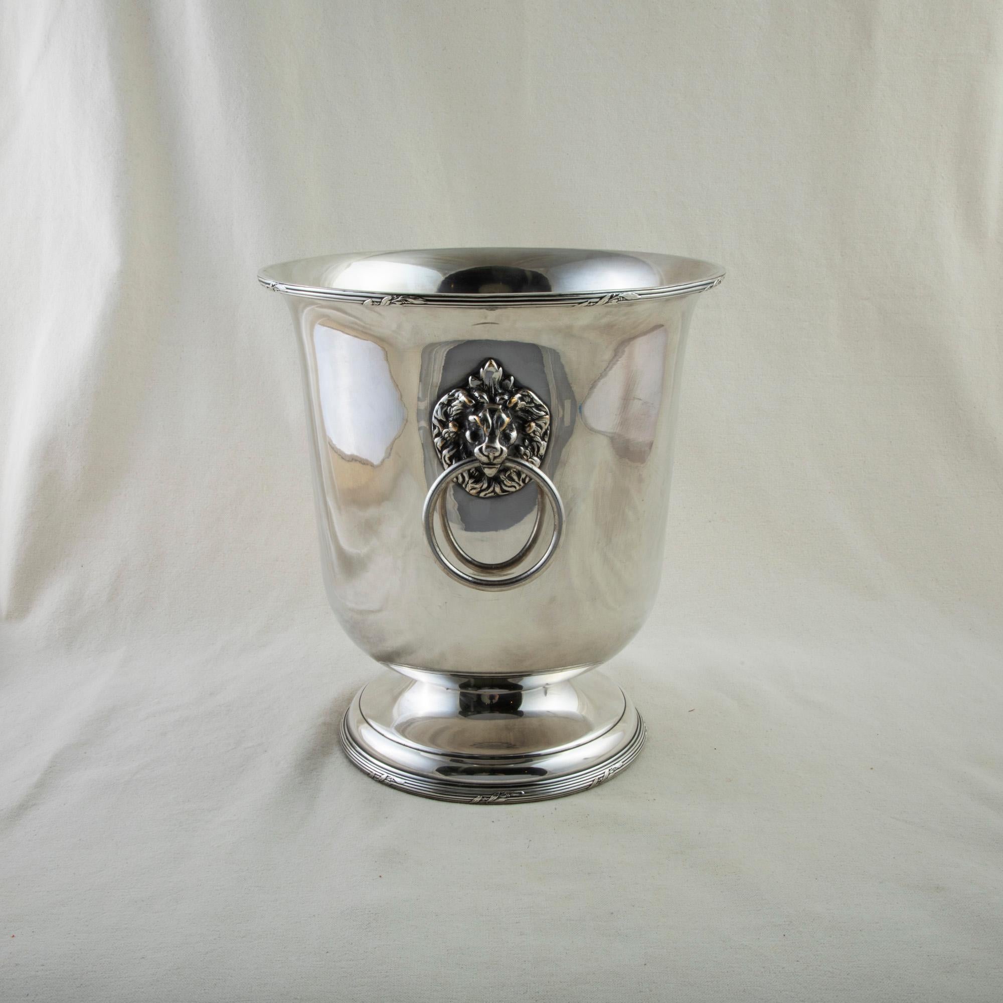 Mid-Century French Silver Plate Magnum Champagne Bucket with Lion Heads In Good Condition In Fayetteville, AR