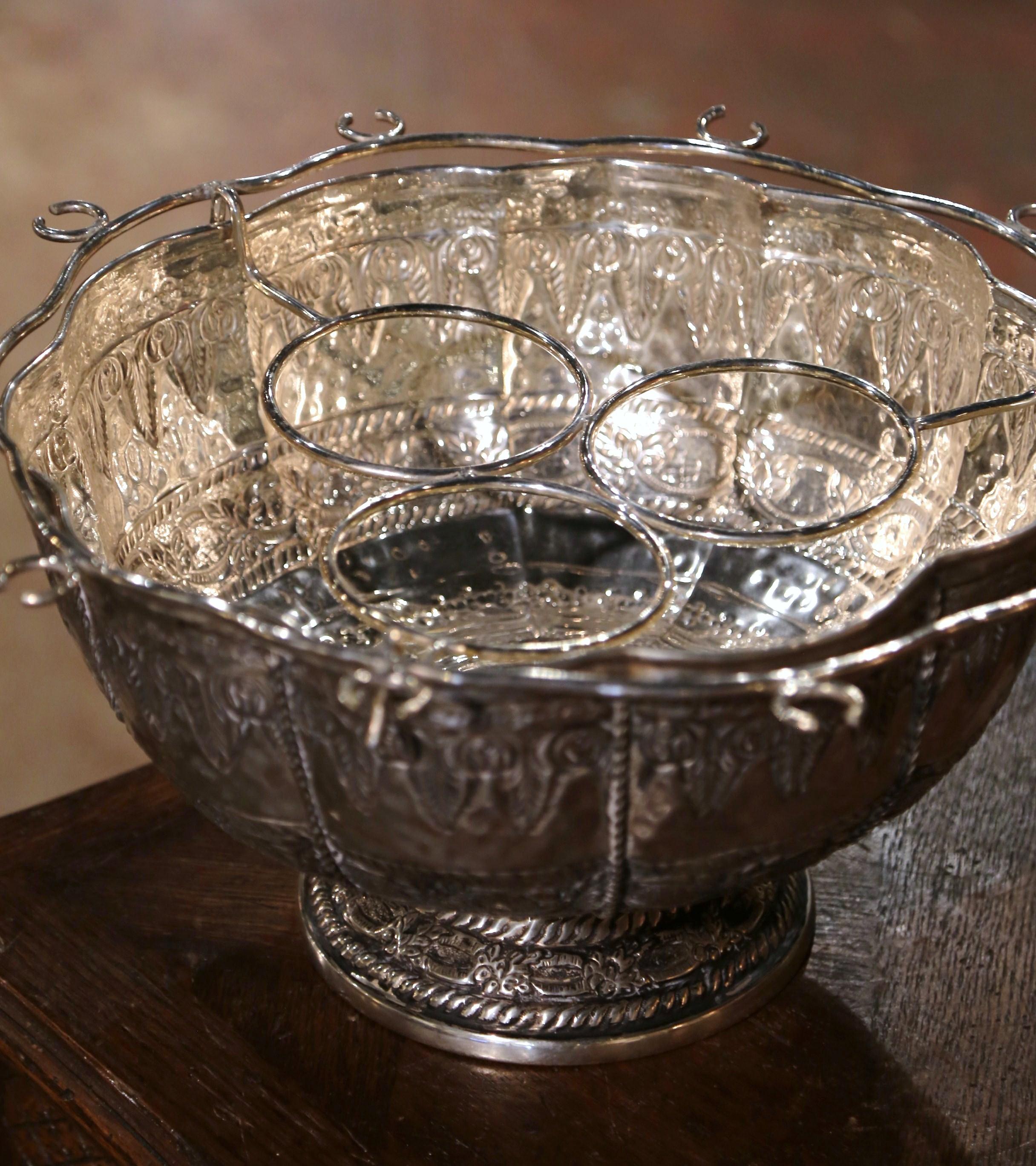 Hand-Crafted Mid-Century French Silver Plated Champagne Bowl with Bottles and Flutes Holder For Sale