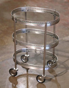 Mid-Century French Silvered and Glass Three-Tier Service or Bar Cart