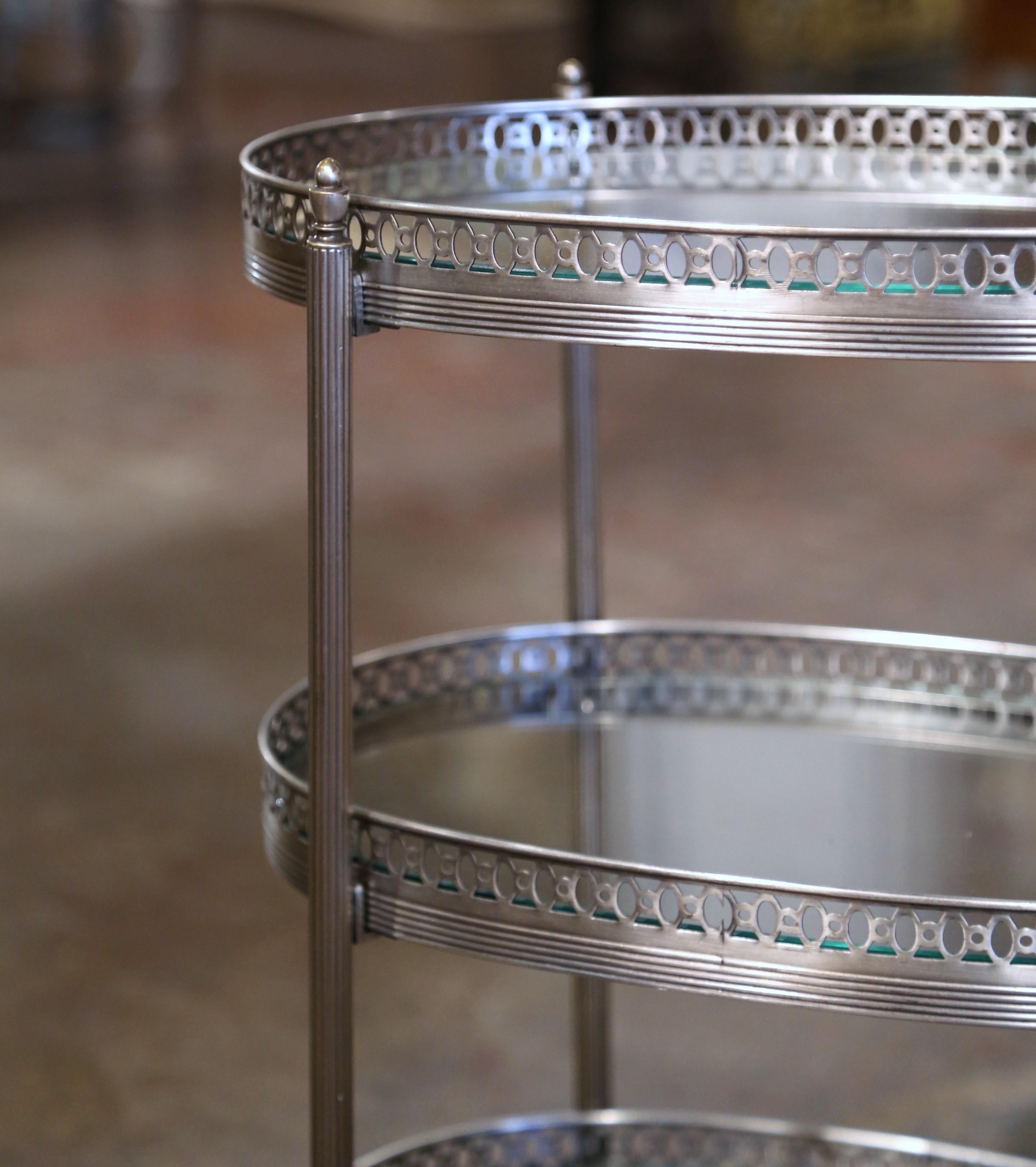 Art Deco Mid-Century French Silvered and Glass Three-Tier Service or Bar Cart For Sale