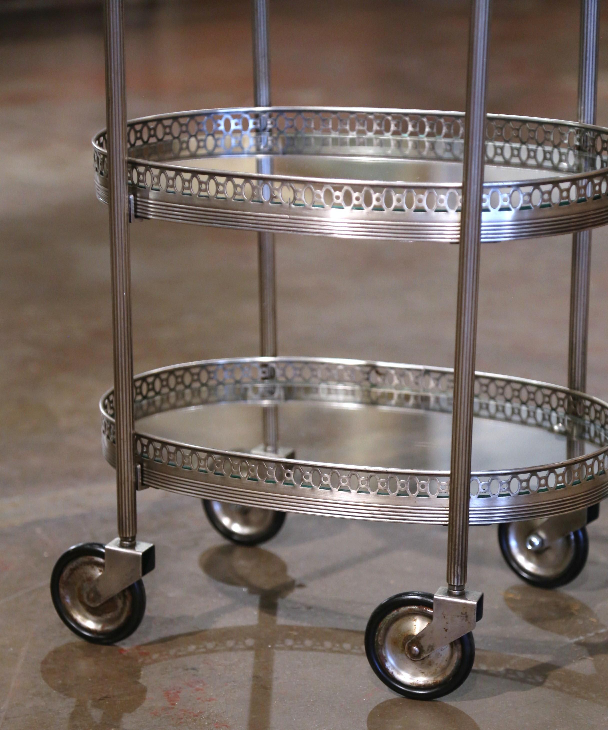 Hand-Crafted Mid-Century French Silvered and Glass Three-Tier Service or Bar Cart For Sale