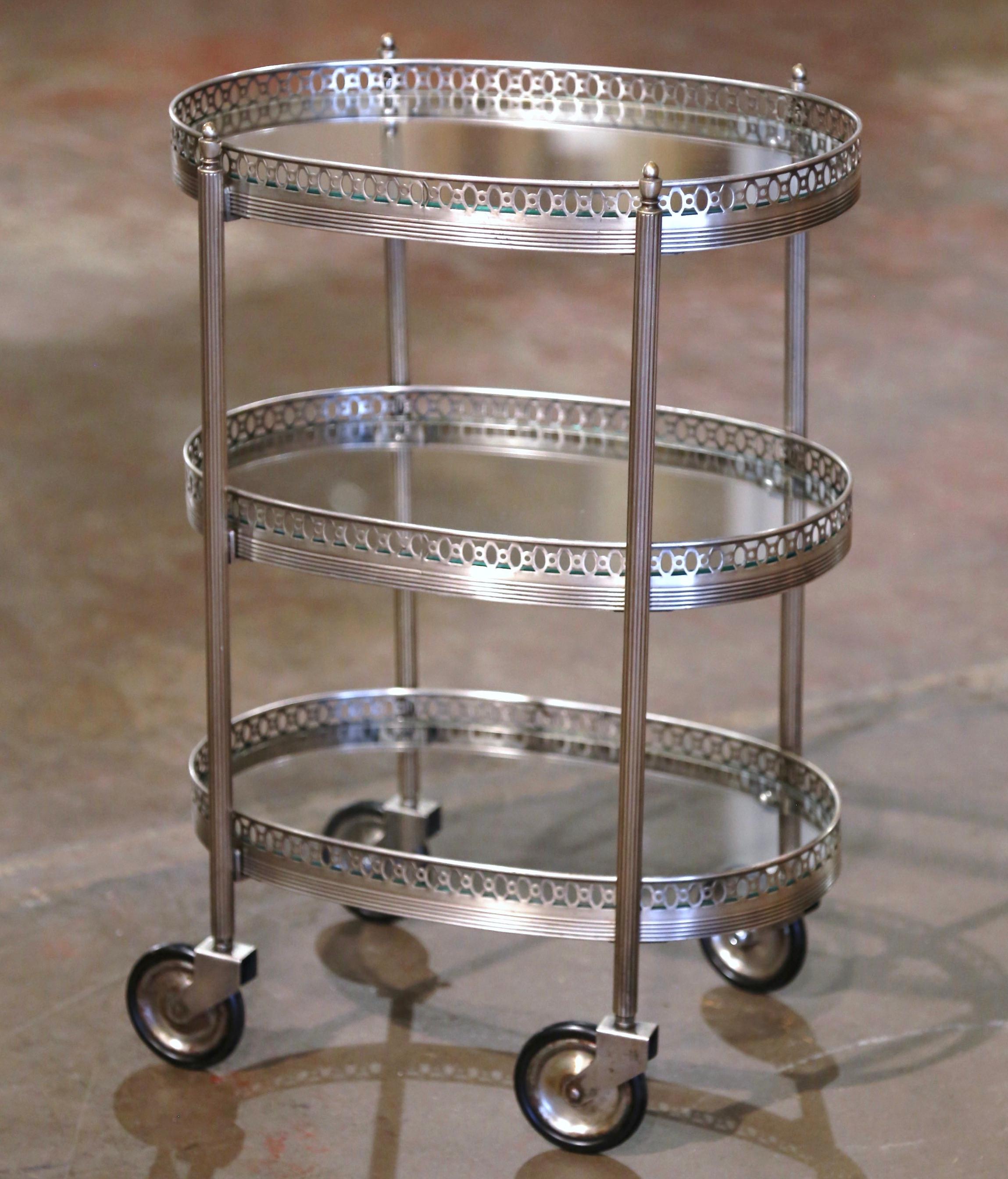 Mid-Century French Silvered and Glass Three-Tier Service or Bar Cart In Excellent Condition For Sale In Dallas, TX
