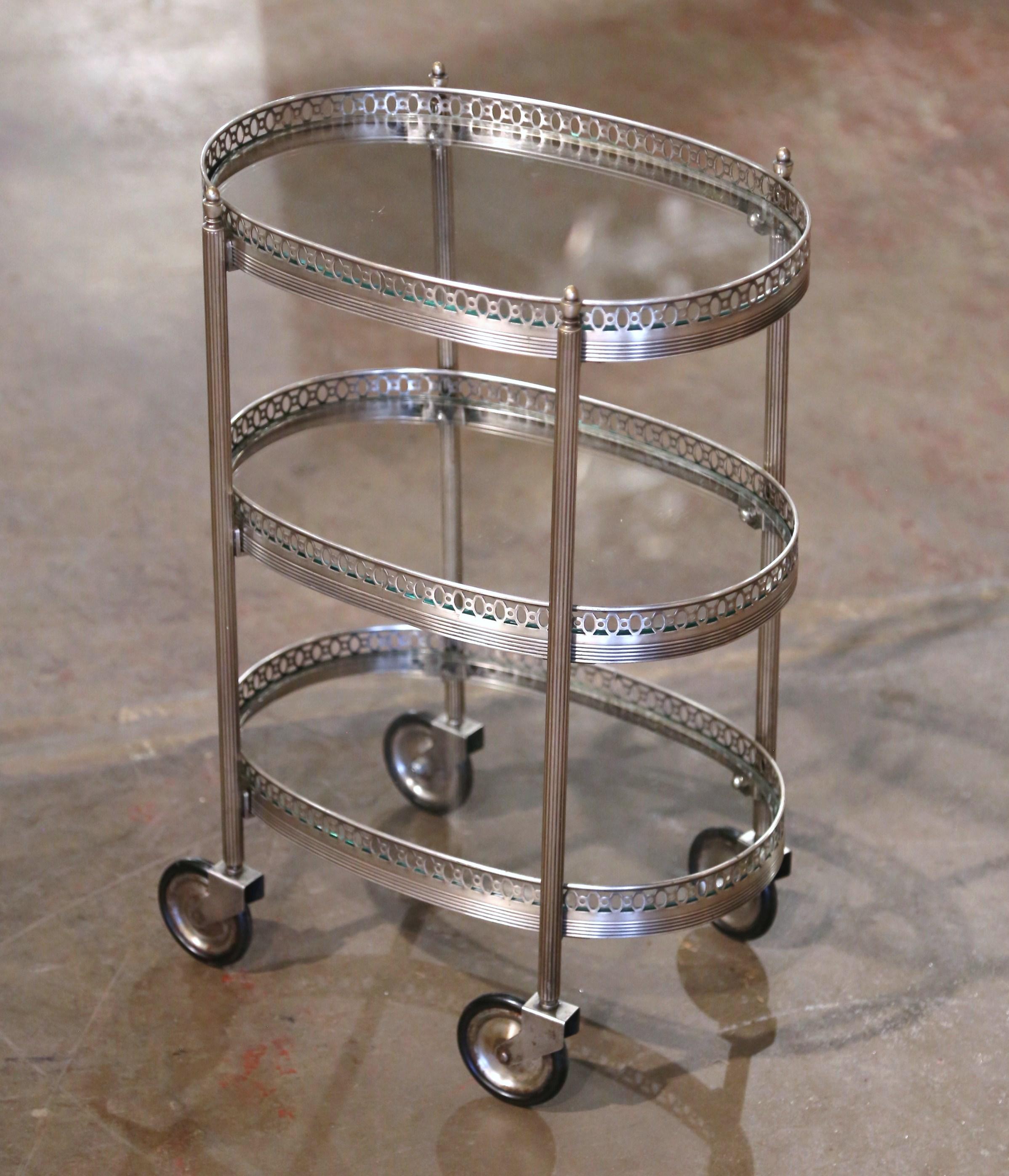 20th Century Mid-Century French Silvered and Glass Three-Tier Service or Bar Cart For Sale