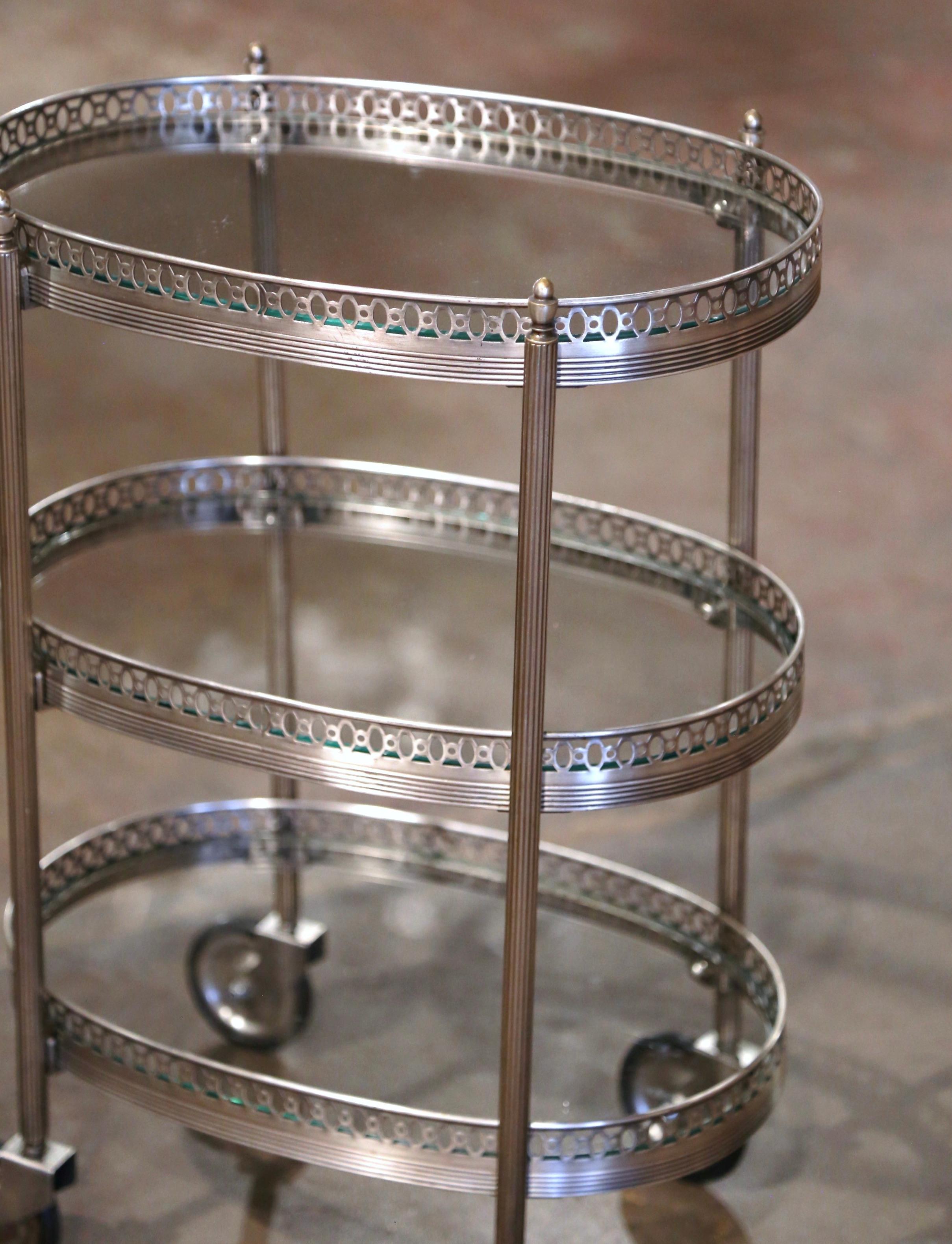 Metal Mid-Century French Silvered and Glass Three-Tier Service or Bar Cart For Sale
