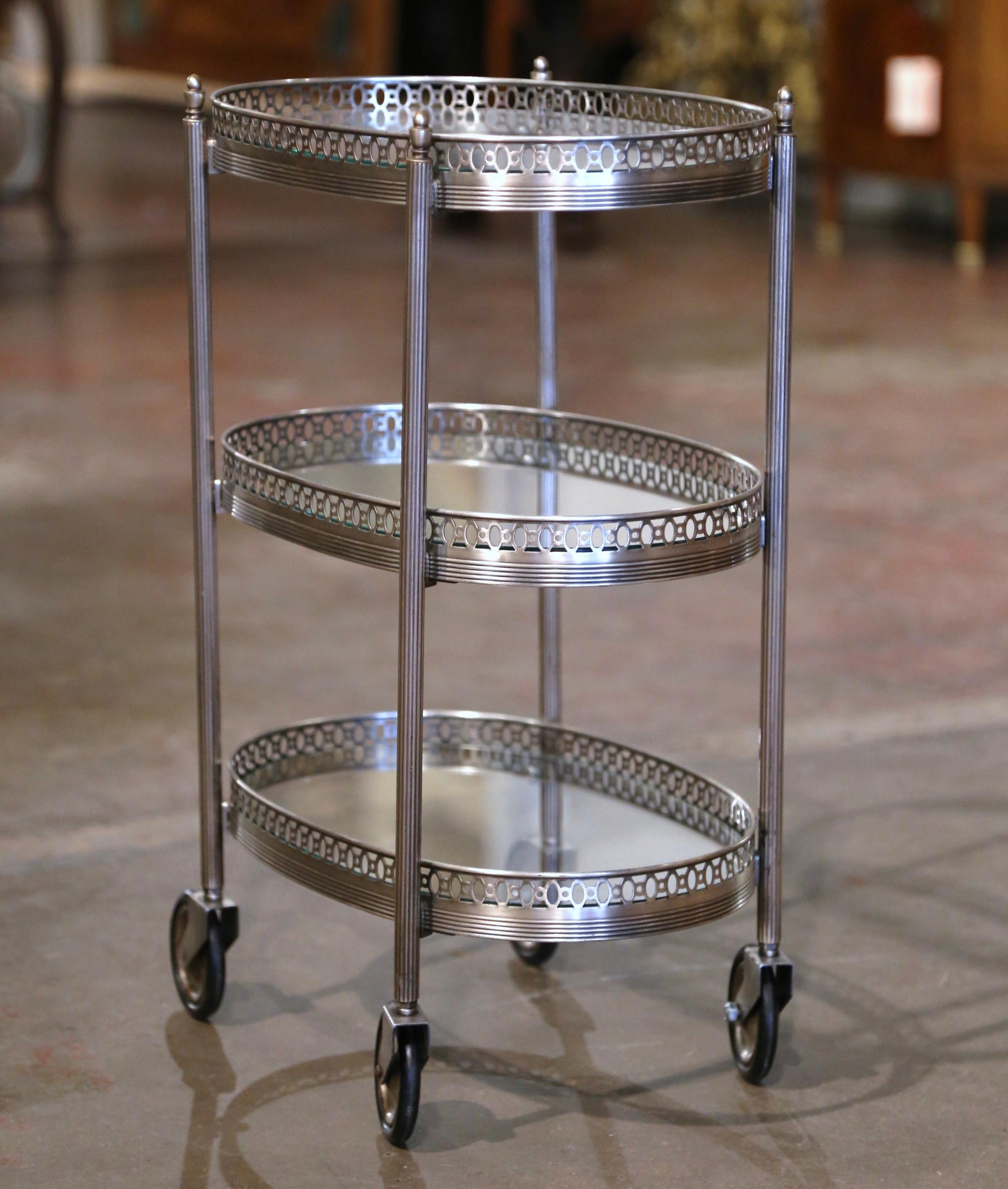 Mid-Century French Silvered and Glass Three-Tier Service or Bar Cart For Sale 1