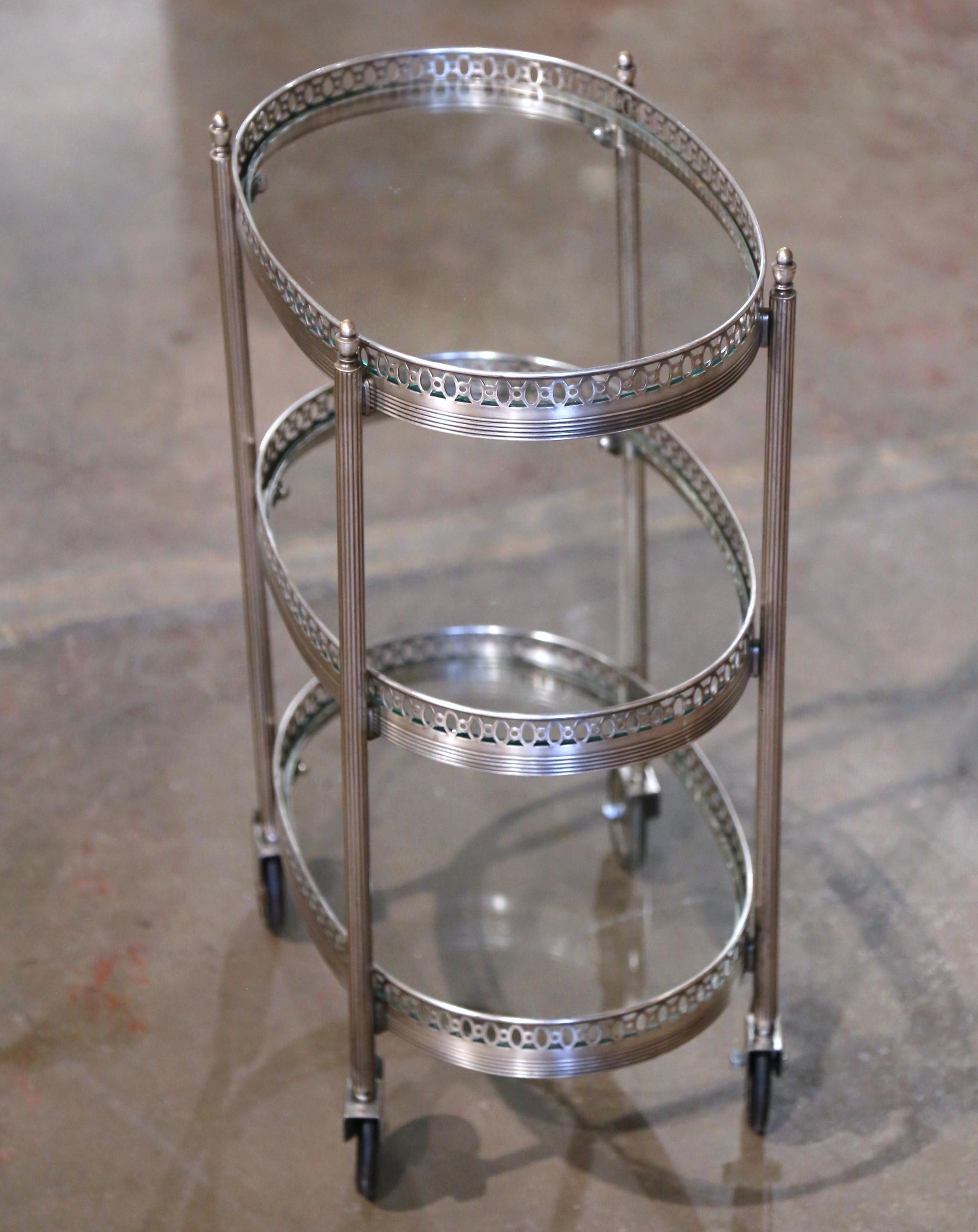 Mid-Century French Silvered and Glass Three-Tier Service or Bar Cart For Sale 2