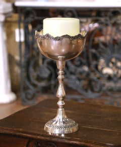 Mid-Century French Silvered Brass Candle Holder with Ornate Rim and Fluted Base