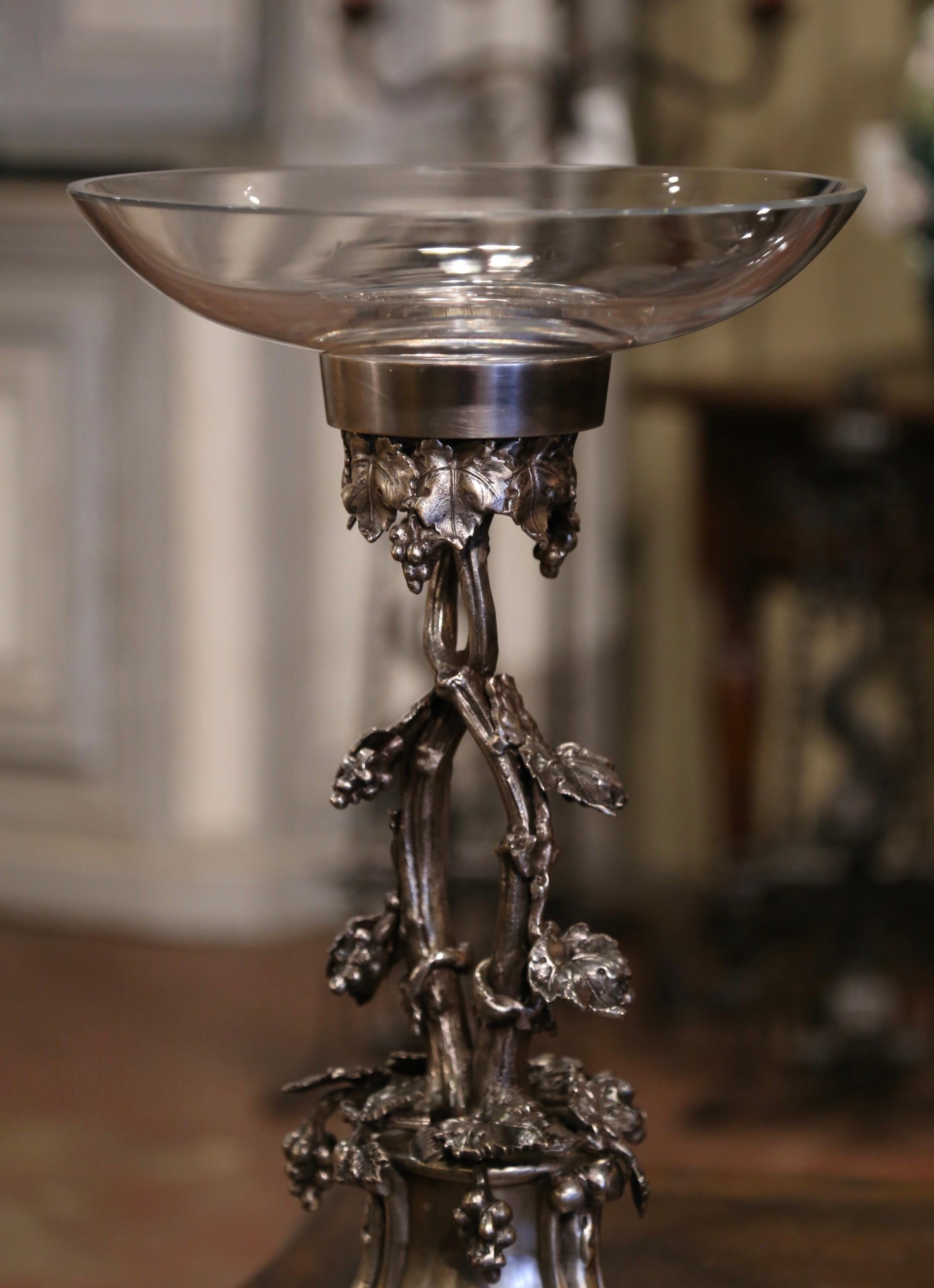 Hand-Crafted Mid-Century French Silvered Bronze Surtout de Table Centerpiece with Glass Bowl For Sale
