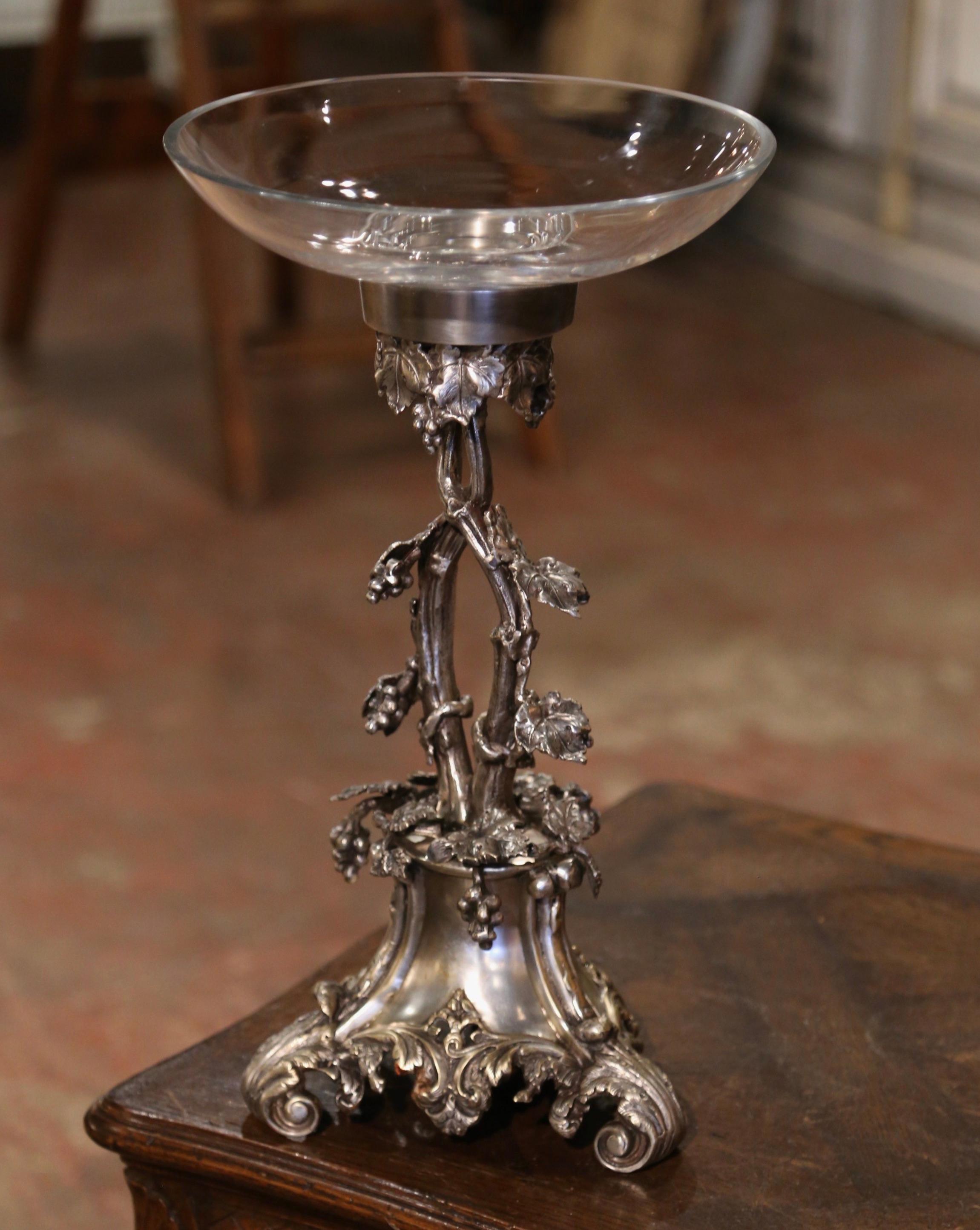 Mid-Century French Silvered Bronze Surtout de Table Centerpiece with Glass Bowl In Excellent Condition For Sale In Dallas, TX